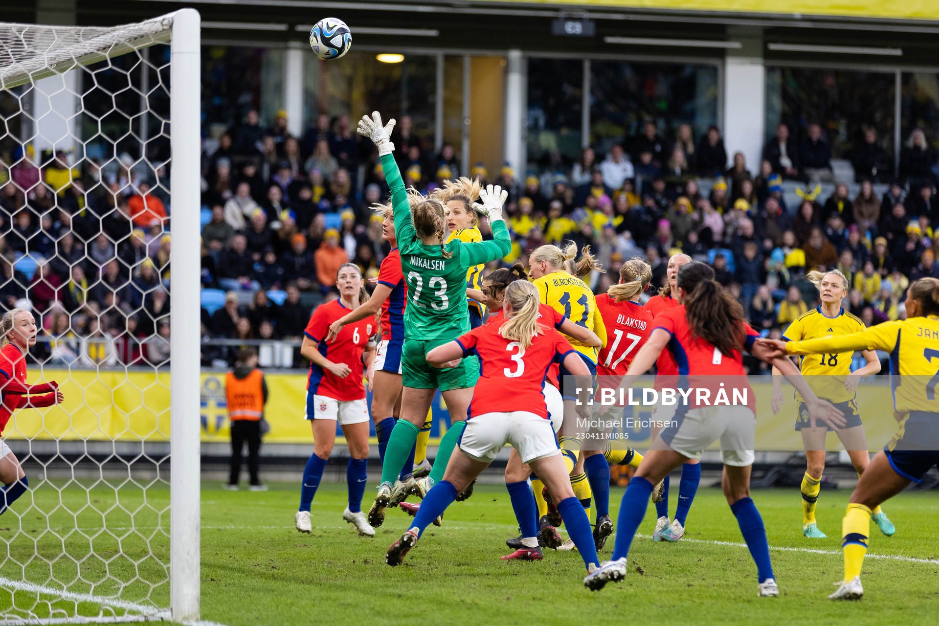 Nathalie Björn of Sweden scores 2-2 with a header