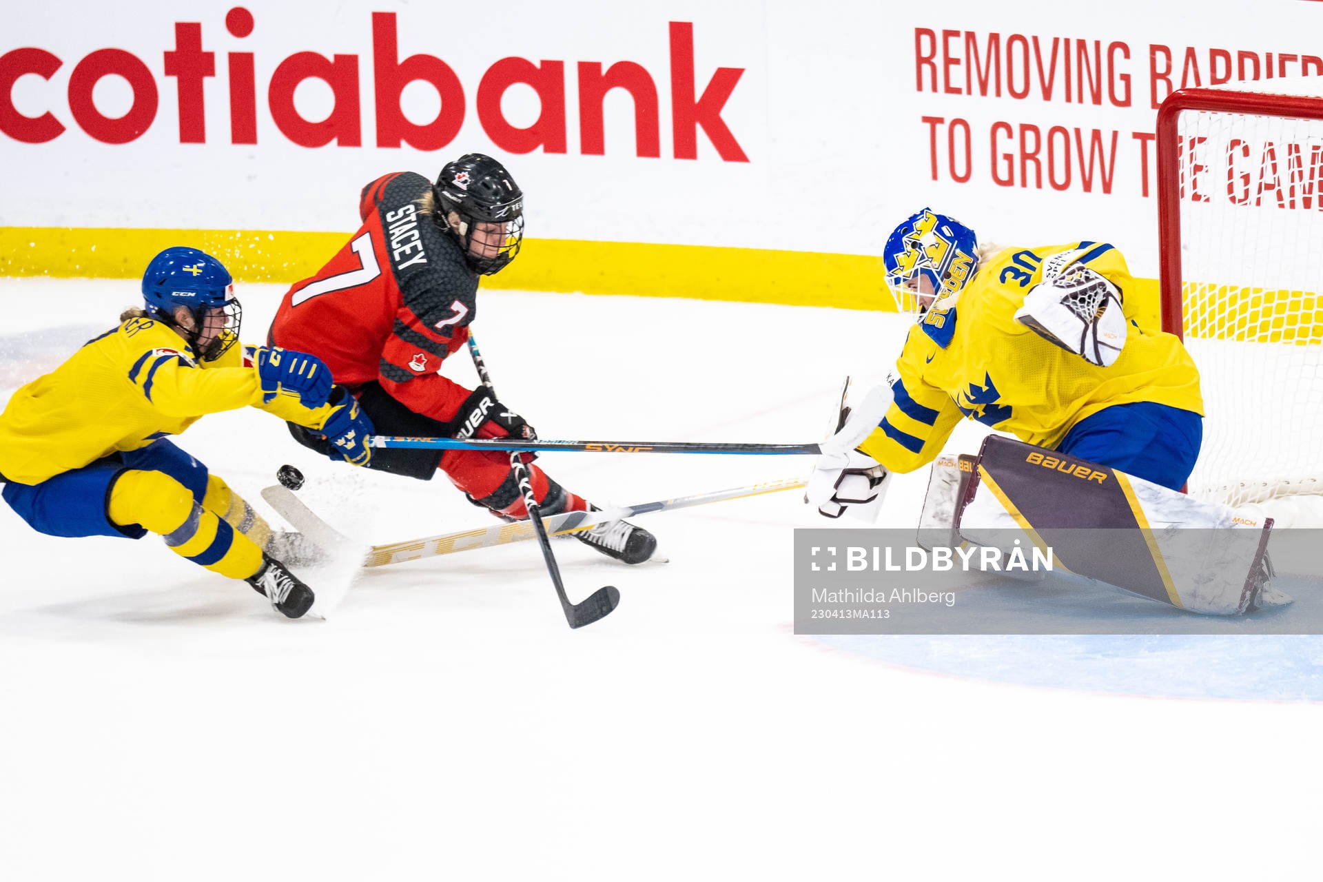 Mira Jungåker and goaltender Emma Söderberg of Sweden and