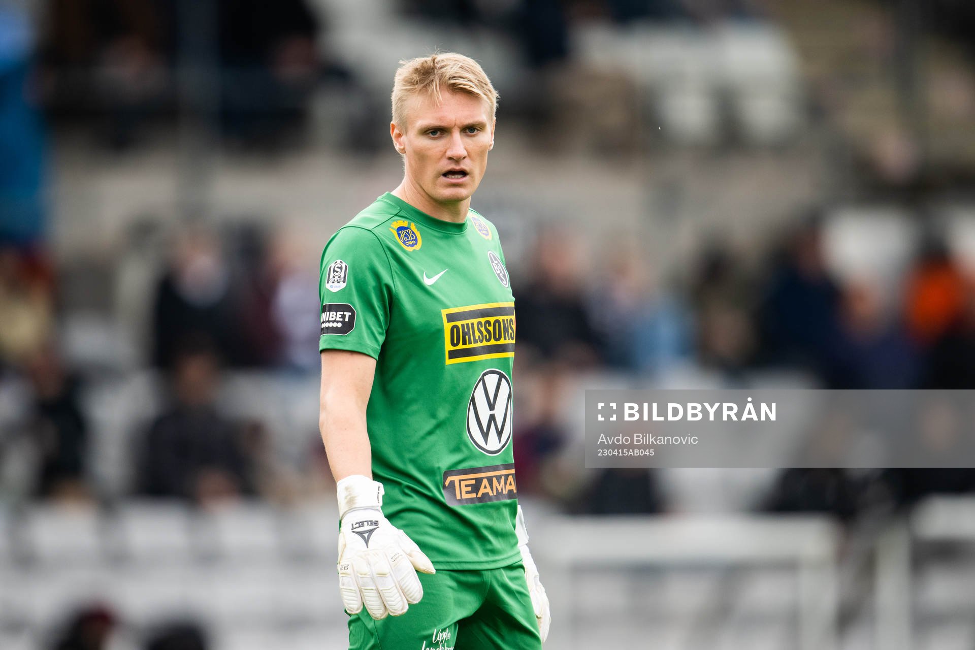 Landskronas målvakt Svante Hildeman under fotbollsmatchen i Superettan mellan Landskrona och Skövde AIK den 15 april 2023 i Landskrona.