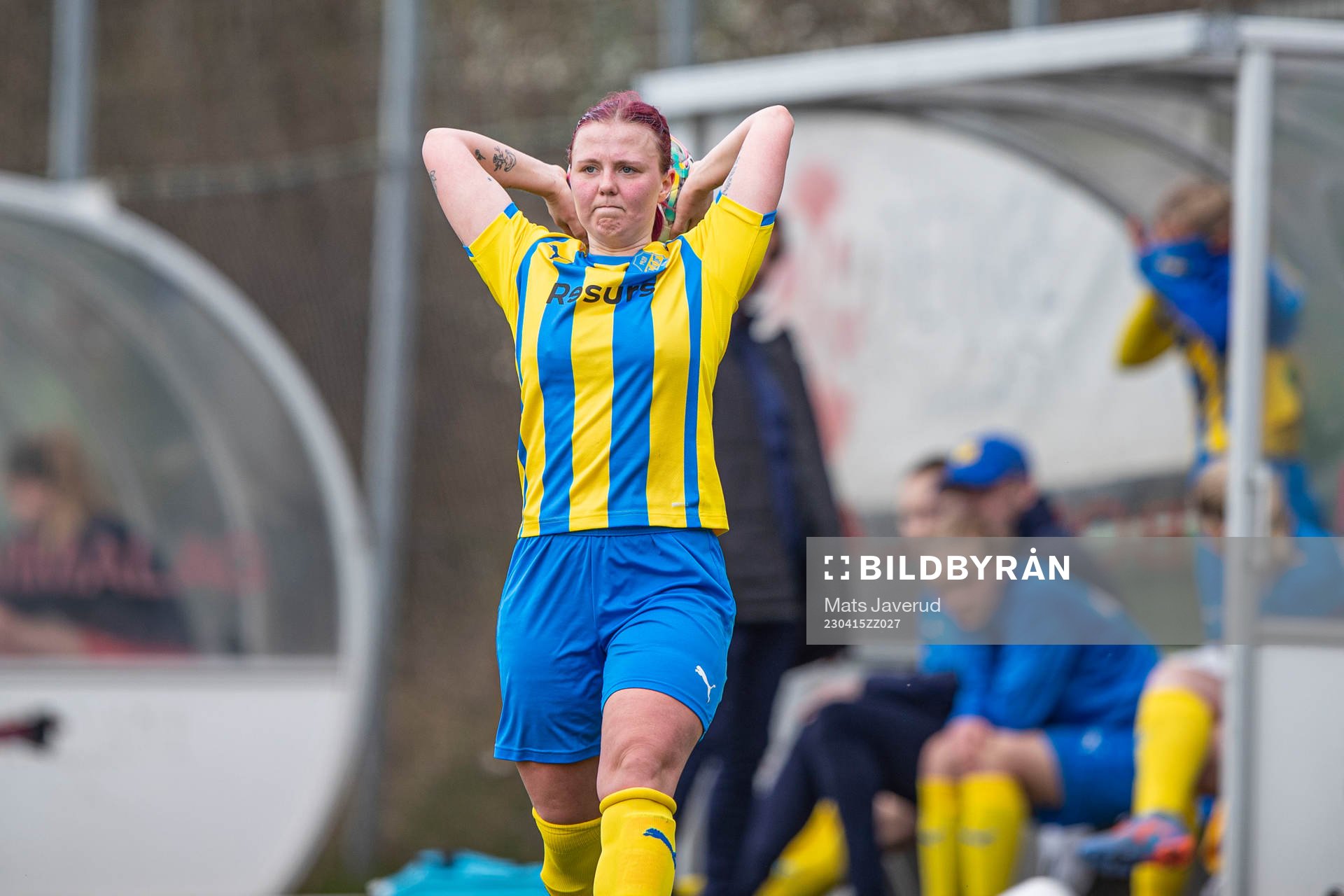 Eskilsminnes Agnes Nilsson under fotbollsmatchen i Division 1 södra mellan Eskilsminne och Halmstad den 15 april 2023 i Helsingborg.