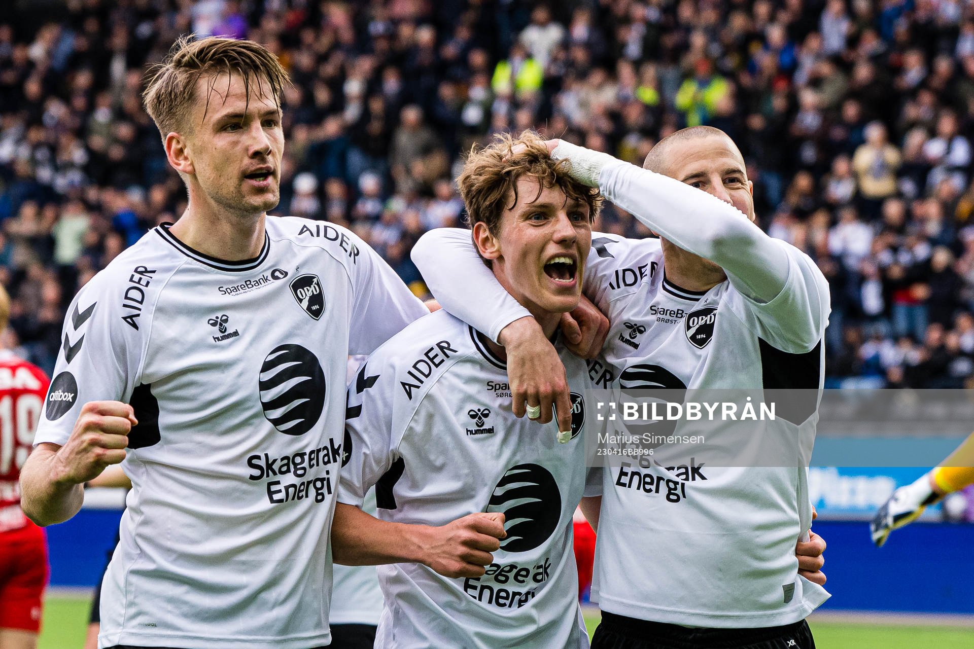 Filip Jørgensen of Odd celebrates after scoring the 1-0 goal during the Eliteserien match between Odd and Brann on April 16, 2023 in Skien.
