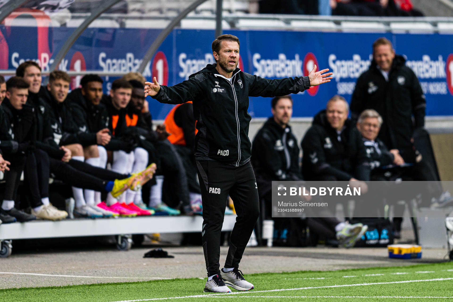Pål Arne Paco Johansen, head coach of Odd, during the Eliteserien match between Odd and Brann on April 16, 2023 in Skien.