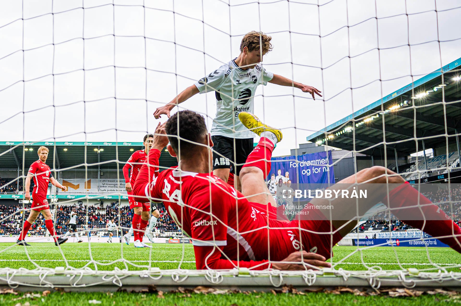 Filip Jørgensen of Odd scores the 1-0 goal during the Eliteserien match between Odd and Brann on April 16, 2023 in Skien.