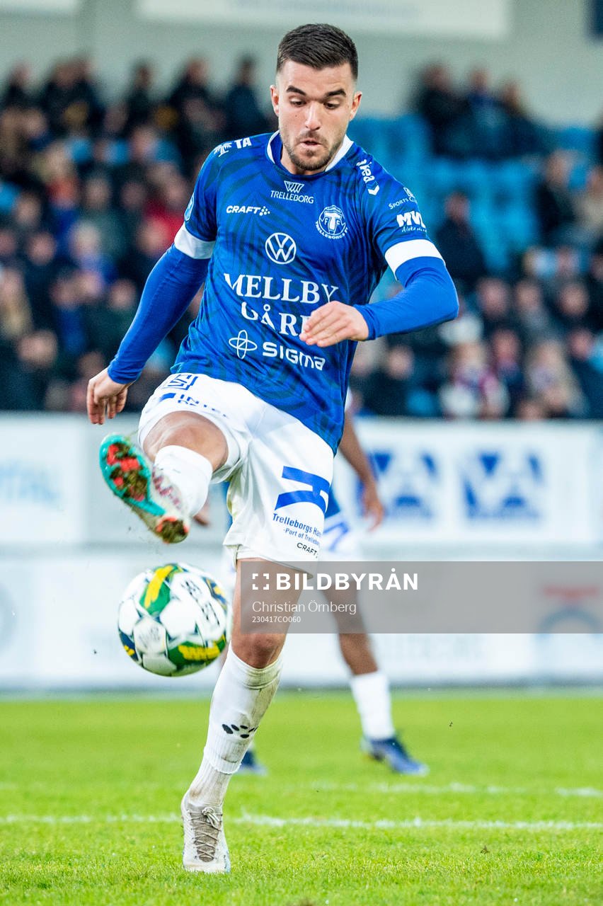 Trelleborgs Haris Brkic under fotbollsmatchen i Superettan mellan Trelleborg och Örgryte den 17 april 2023 i Trelleborg. 