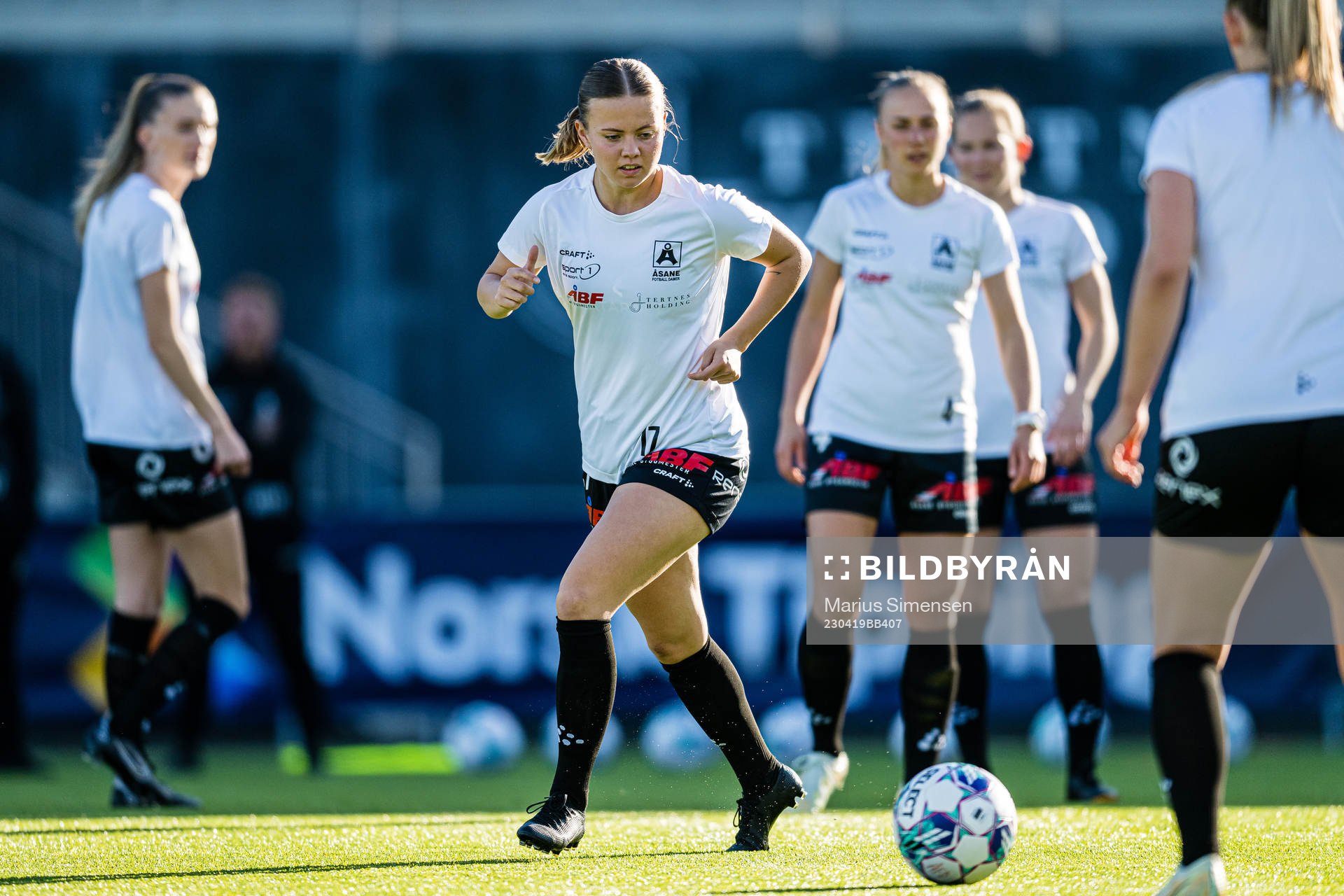 Anette Snørteland Jensen of Åsane warms up ahead of the Toppserien football match between Åsane and Rosenborg on April 19, 2023 in Bergen.