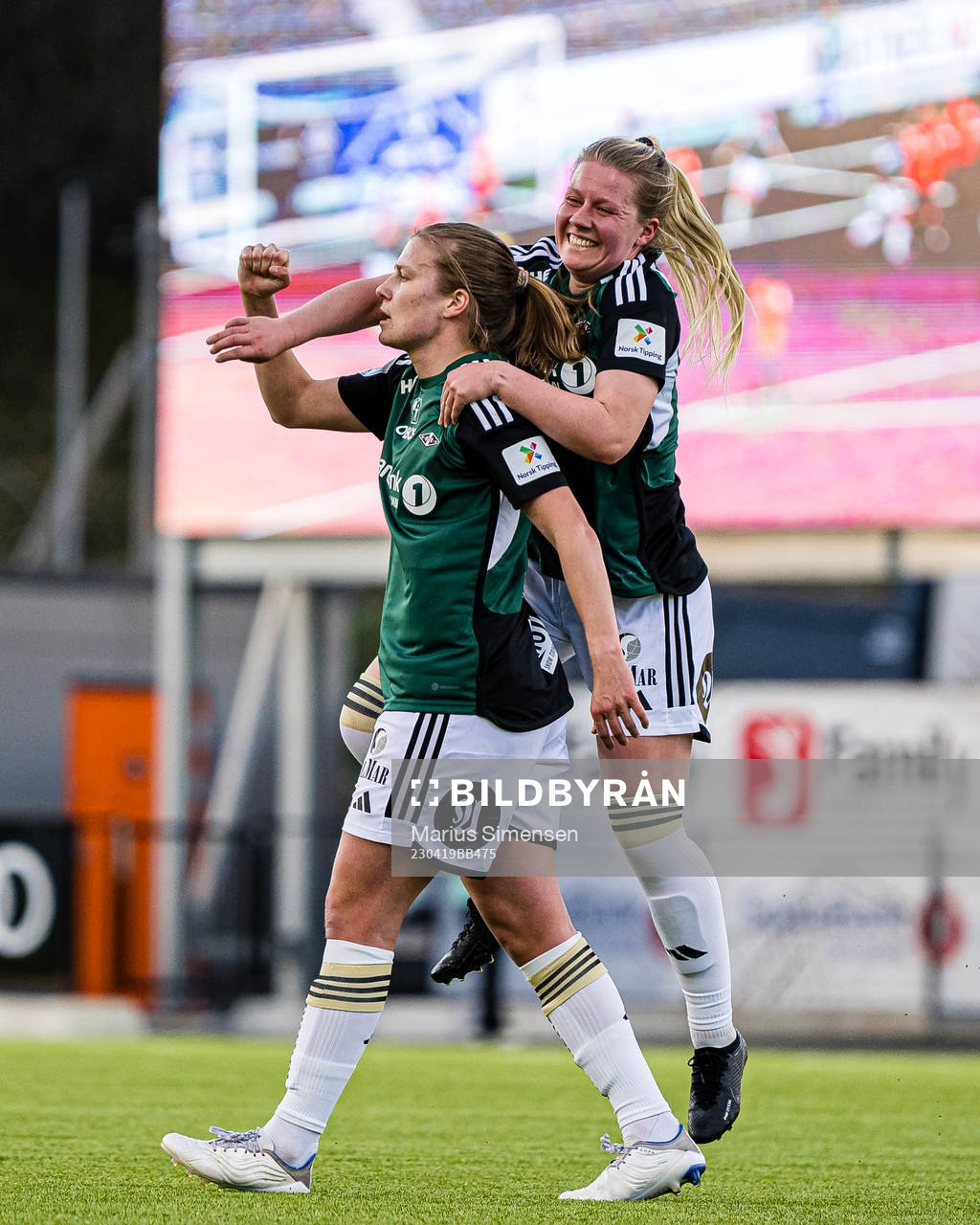 Cesilie Andreassen of Rosenborg celebrates with Selma Sol
