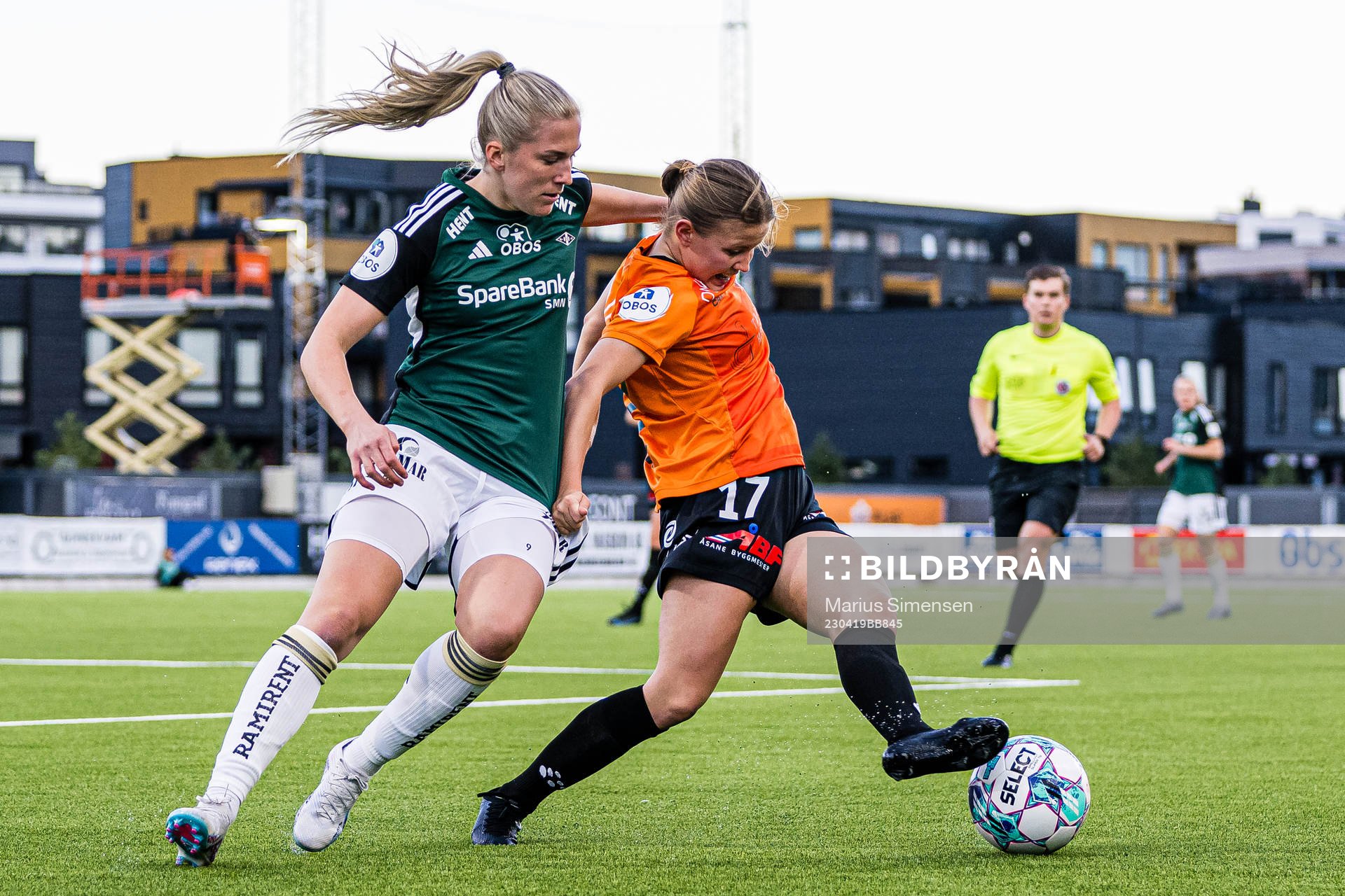 Emilie Nautnes of Rosenborg and Anette Snørteland Jensen of Åsane during the Toppserien football match between Åsane and Rosenborg on April 19, 2023 in Bergen.