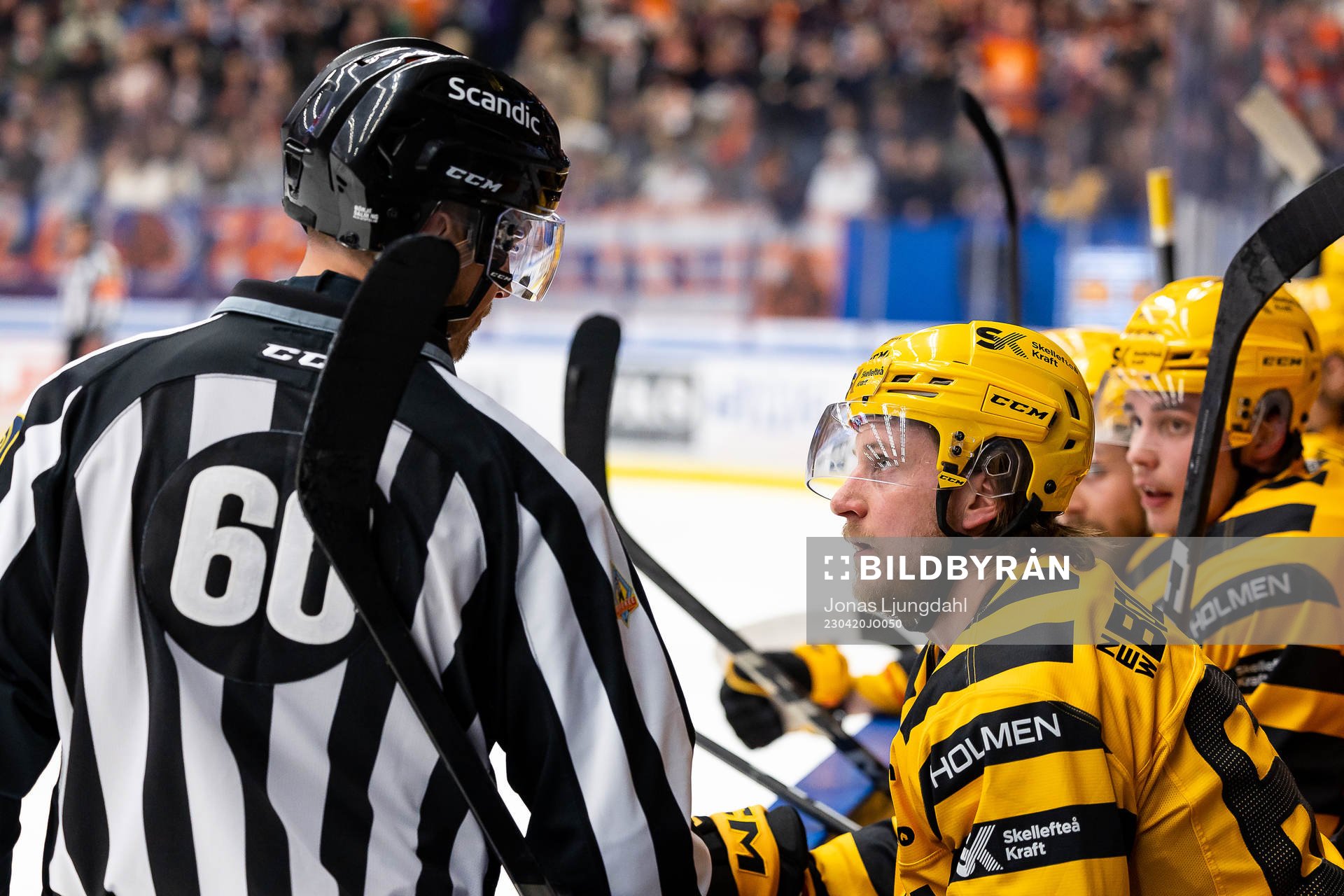 Linjedomare Örjan Åhlén pratar med Skellefteås Jonathan