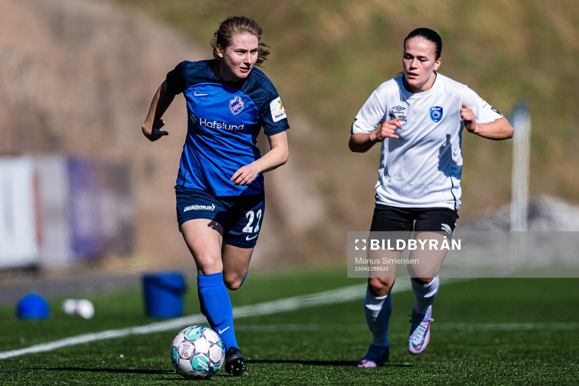 Kamilla Børve Nygård of Grei and Ragnhild Eikeland Skage of Fyllingsdalen during the 1. division football match between Grei and Fyllingsdalen on April 22, 2023 in Oslo.