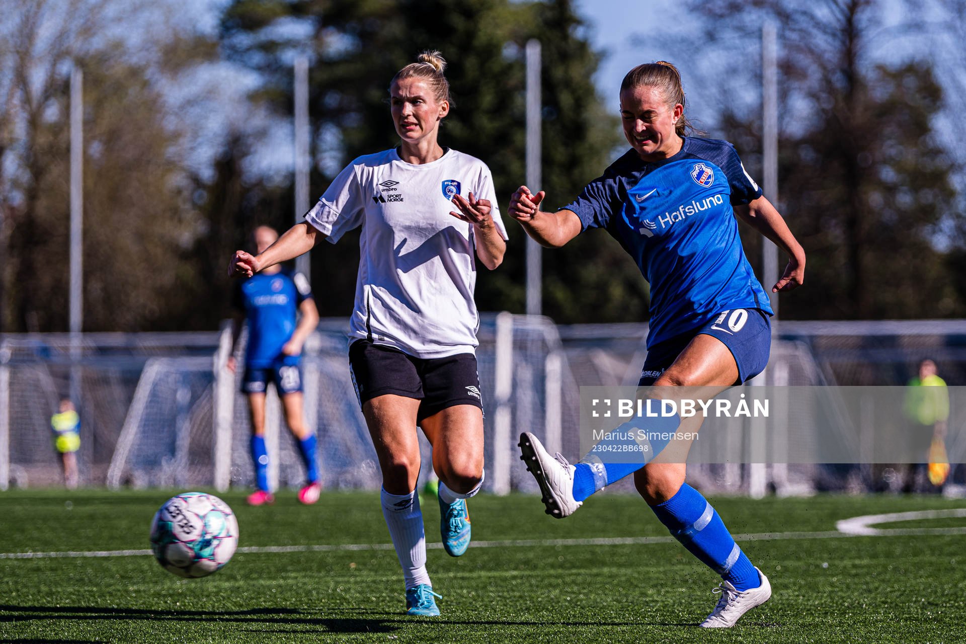 Marina Heggernes Jensen of Fyllingsdalen and Tine Celine England Karstensen of Grei during the 1. division football match between Grei and Fyllingsdalen on April 22, 2023 in Oslo.