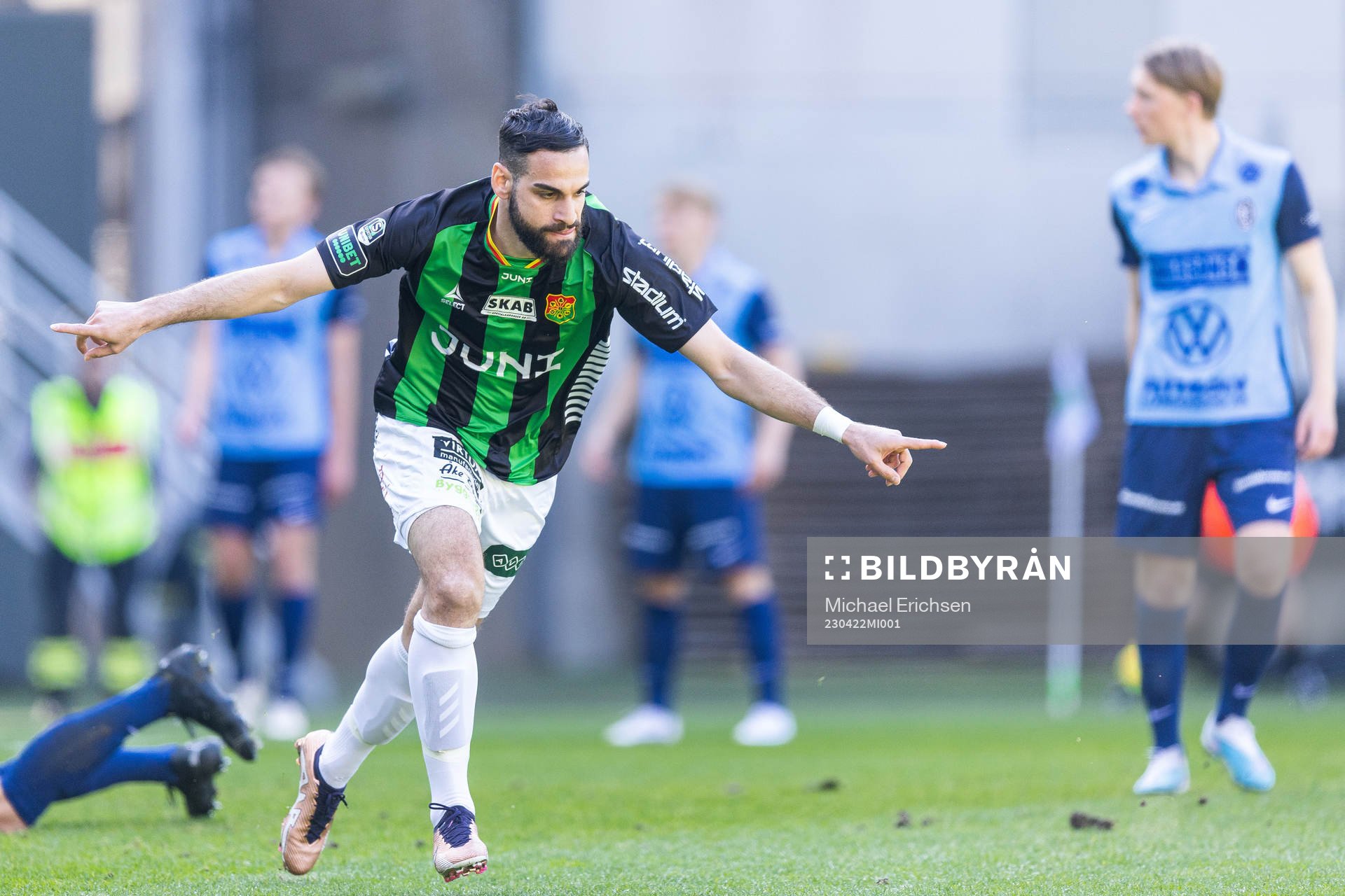 GAIS Mervan Celik jublar efter att han gjort 1-0 under fotbollsmatchen i Superettan mellan GAIS och Landskrona den 22 april 2023 i Göteborg.