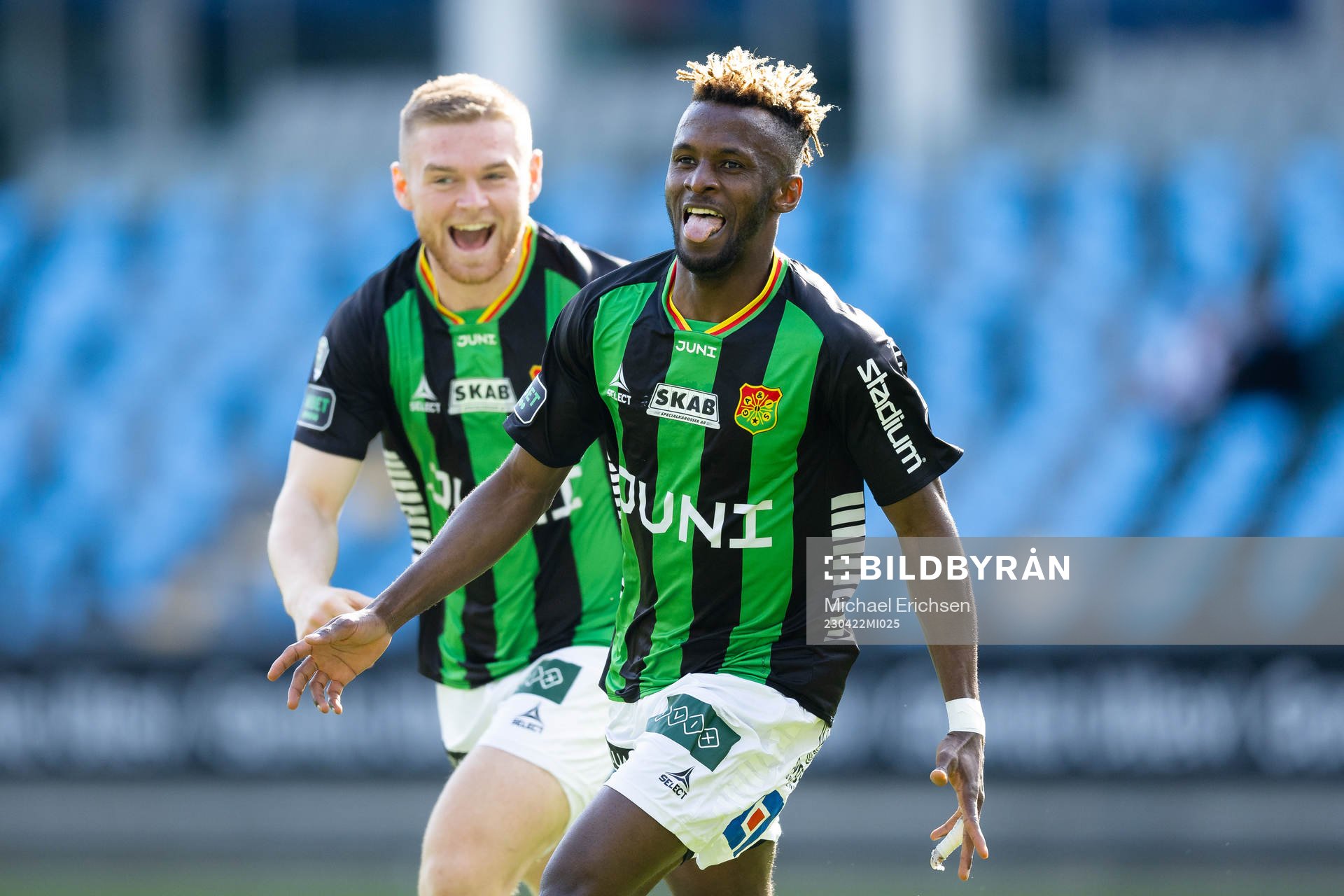 GAIS Richard Emeka Friday jublar efter 2-0 under fotbollsmatchen i Superettan mellan GAIS och Landskrona den 22 april 2023 i Göteborg. 