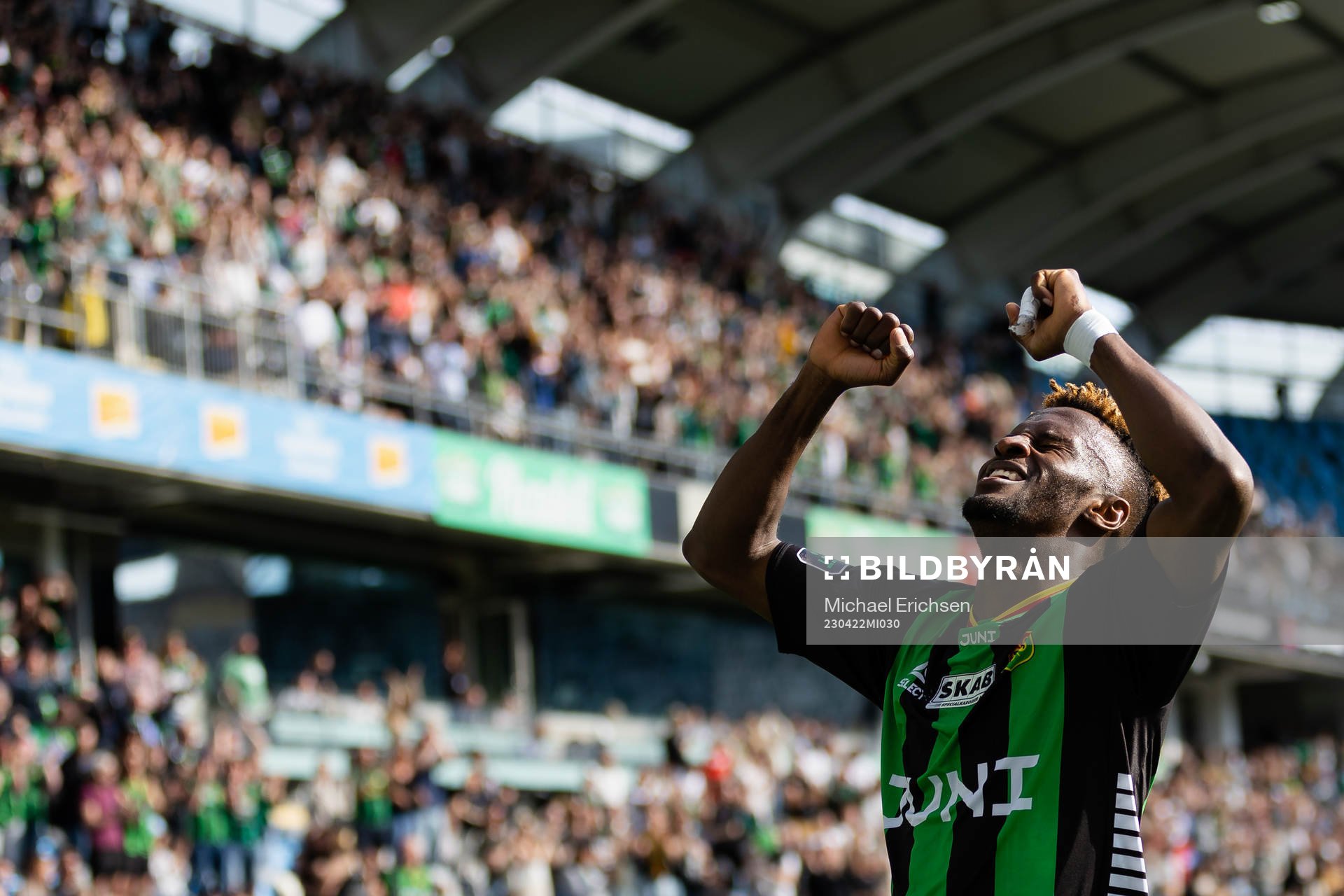 GAIS Richard Emeka Friday jublar efter 2-0 under fotbollsmatchen i Superettan mellan GAIS och Landskrona den 22 april 2023 i Göteborg. 