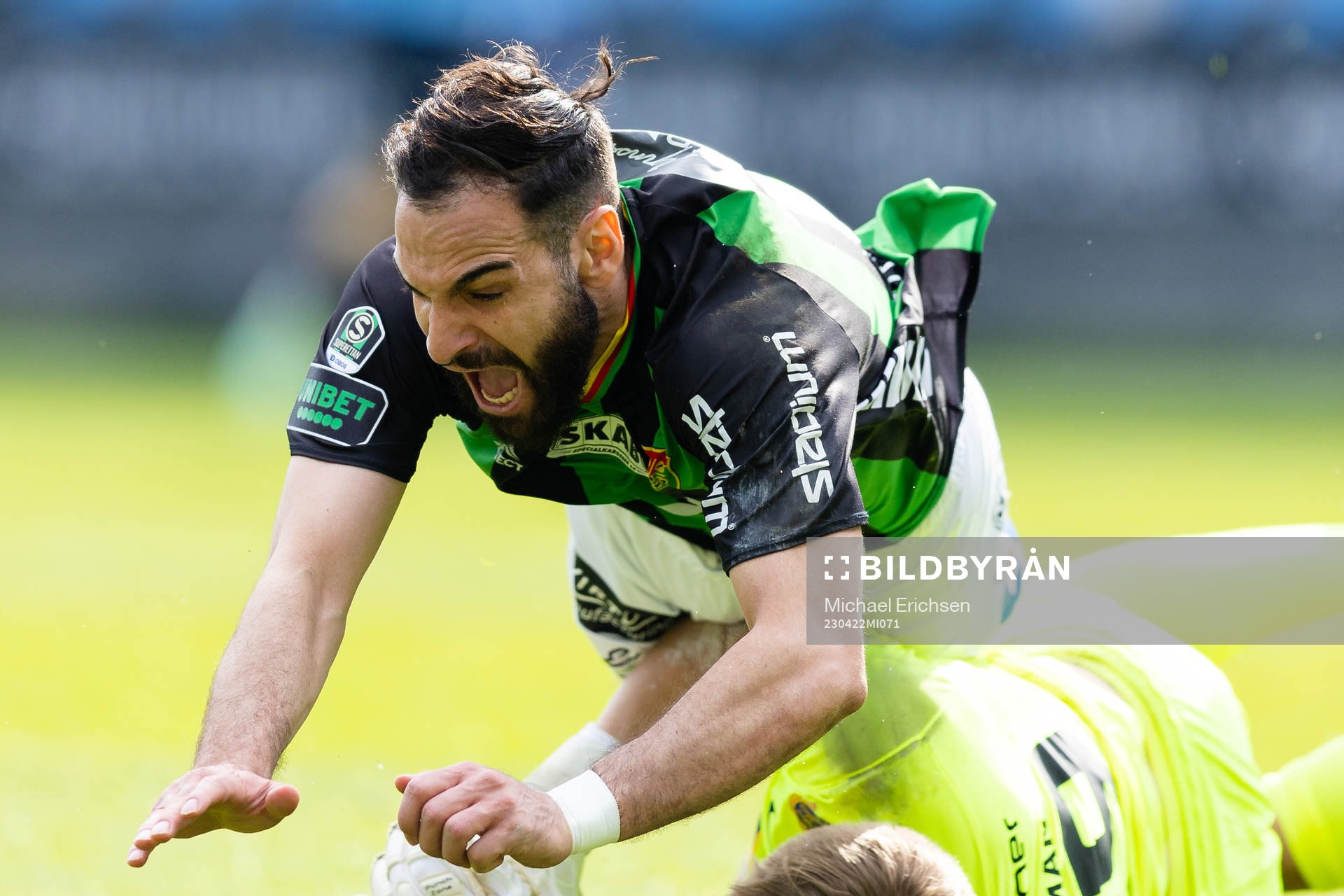 GAIS Mervan Celik fälls av Landskronas målvakt Svante Hildeman och tilldöms straff under fotbollsmatchen i Superettan mellan GAIS och Landskrona den 22 april 2023 i Göteborg.