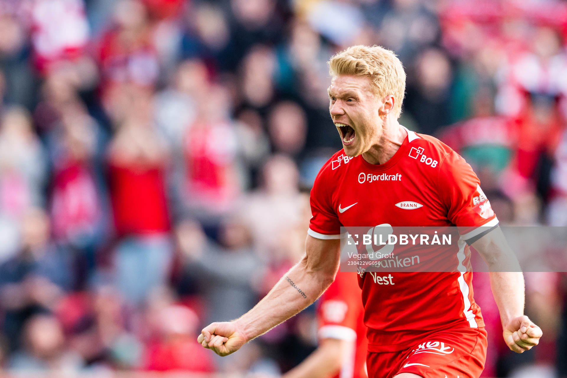 Sivert Heltne Nilsen of Brann celebrates scoring 2-1