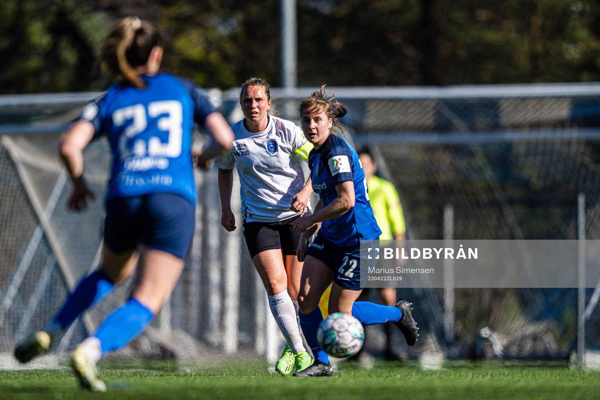 Ine Marie Thoresen Wedaa of Fyllingsdalen and Kamilla Børve Nygård of Grei during the 1. division football match between Grei and Fyllingsdalen on April 22, 2023 in Oslo.