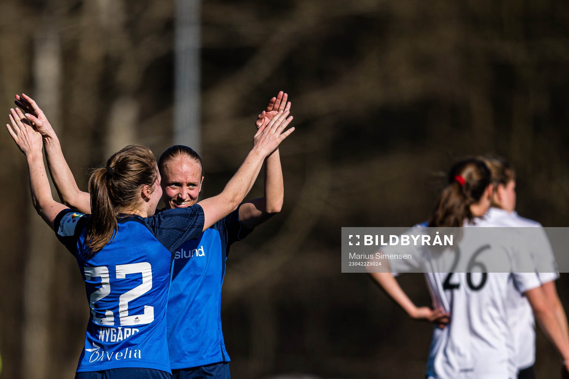 Kamilla Børve Nygård and Celina Opland Smith of Grei celebrates after the 1. division football match between Grei and Fyllingsdalen on April 22, 2023 in Oslo.