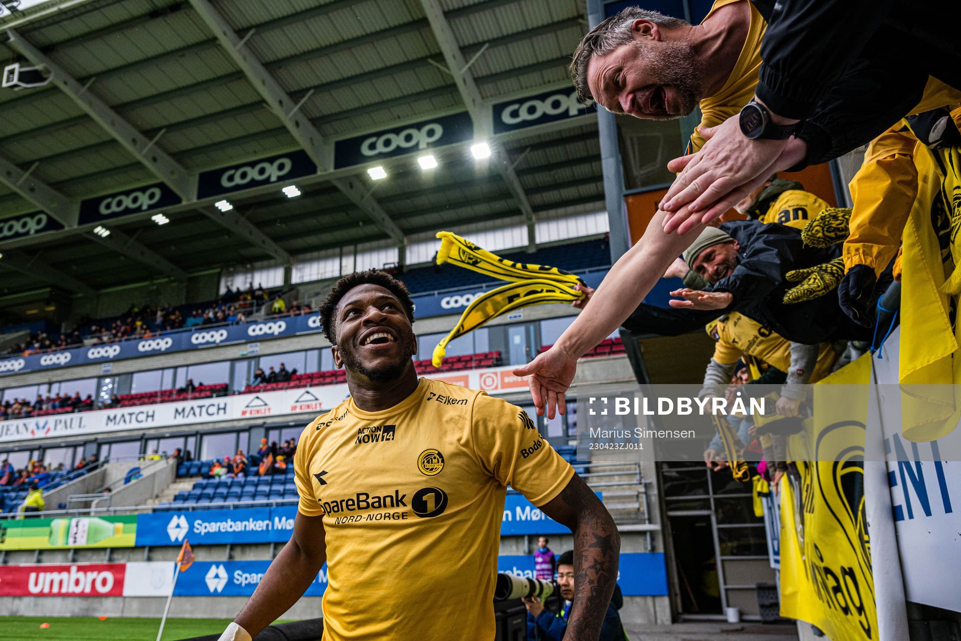 Pemi Faris of Bodø/Glimt celebrates after scoring the 0-2 goal during the Eliteserien match between Aalesund and Bodø/Glimt on April 23, 2023 in Ålesund.