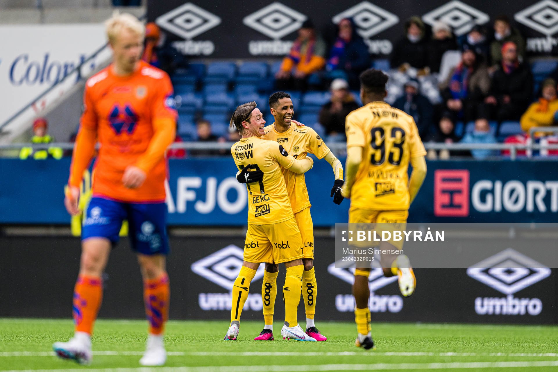 Amahl Pellegrino of Bodø/Glimt celebrates after scoring the 0-3 goal during the Eliteserien match between Aalesund and Bodø/Glimt on April 23, 2023 in Ålesund.