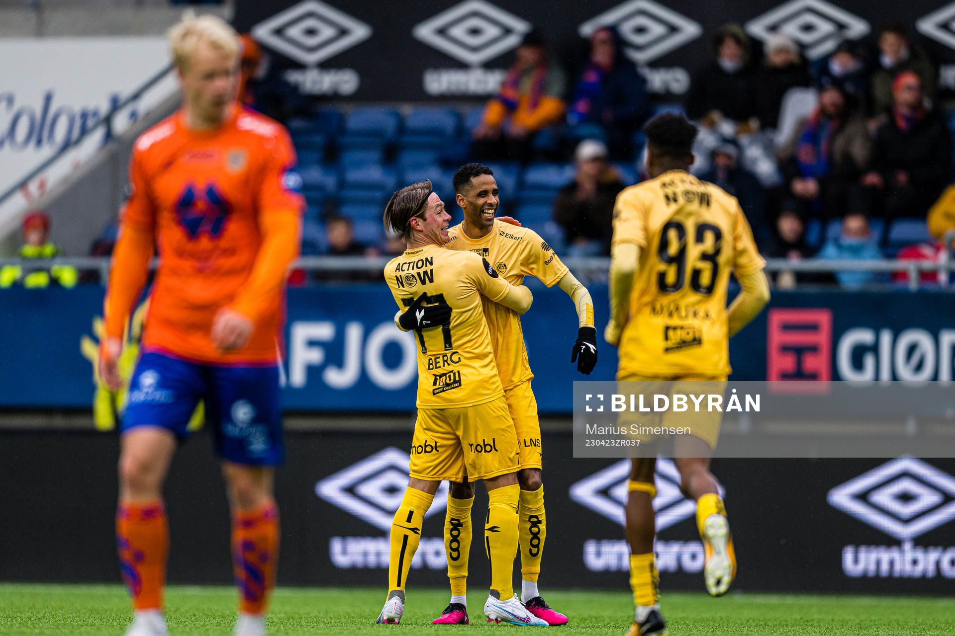 Amahl Pellegrino of Bodø/Glimt celebrates after scoring the 0-3 goal during the Eliteserien match between Aalesund and Bodø/Glimt on April 23, 2023 in Ålesund.
