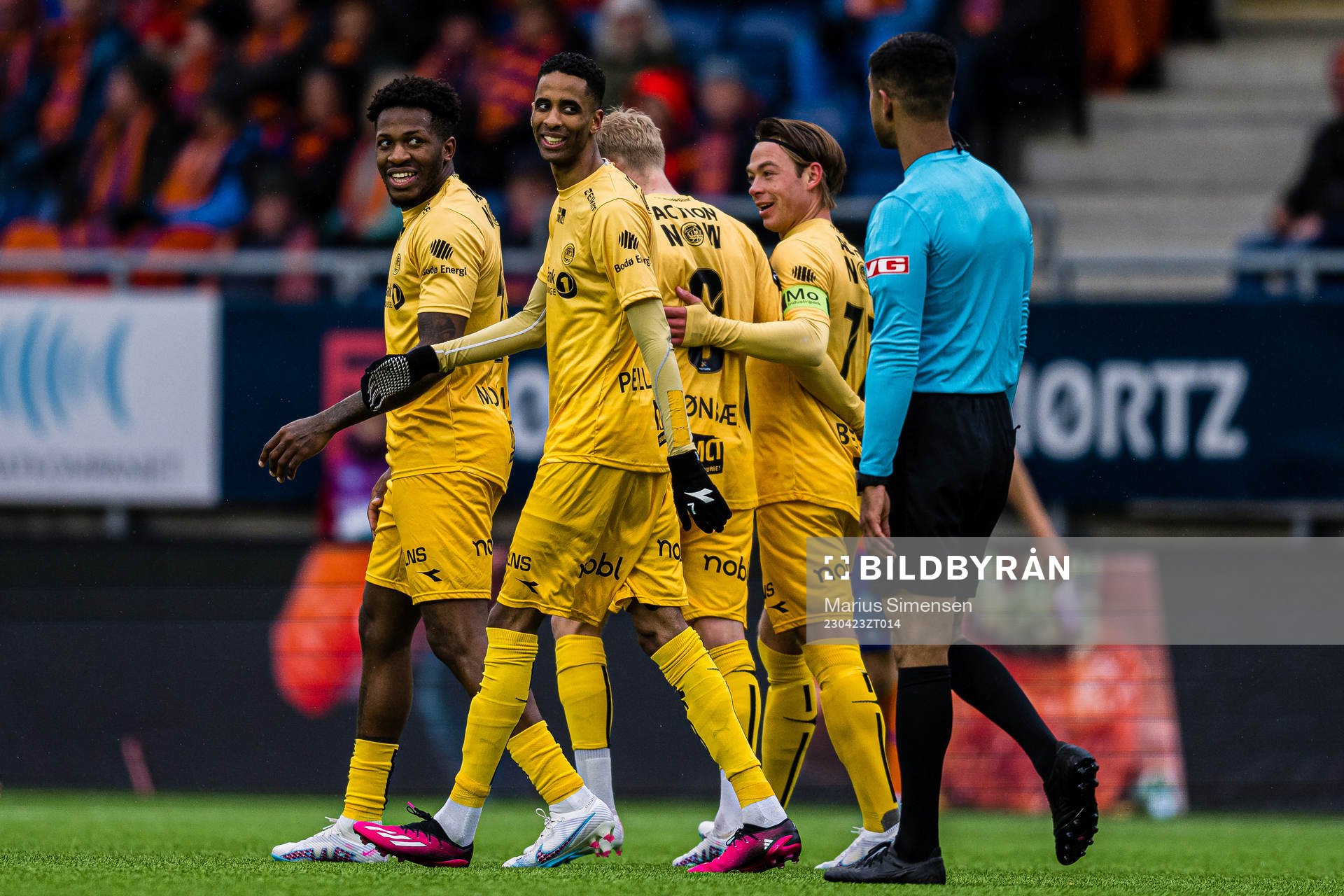 Amahl Pellegrino of Bodø/Glimt celebrates after scoring the 0-3 goal during the Eliteserien match between Aalesund and Bodø/Glimt on April 23, 2023 in Ålesund.