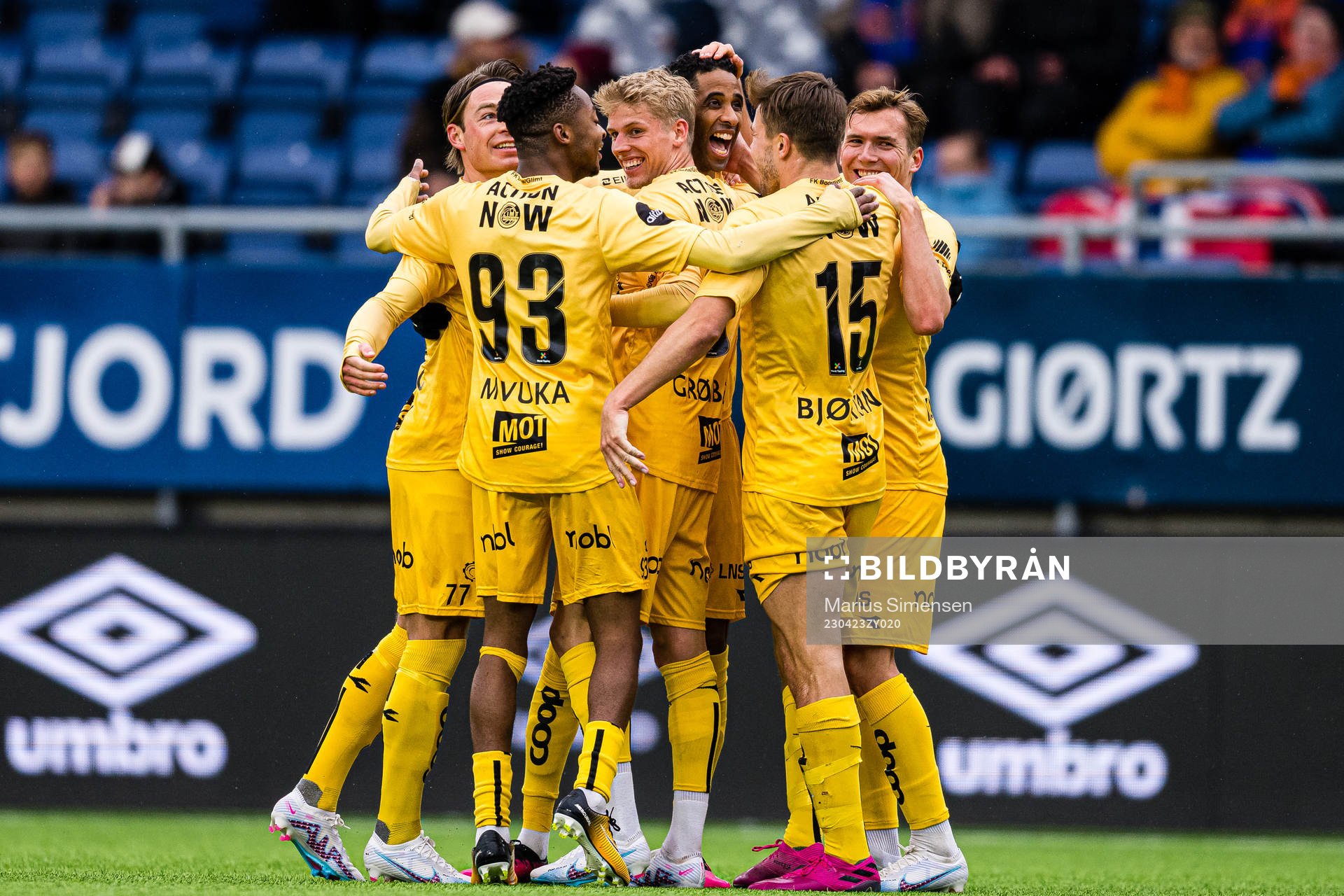 Amahl Pellegrino of Bodø/Glimt celebrates after scoring the 0-3 goal during the Eliteserien match between Aalesund and Bodø/Glimt on April 23, 2023 in Ålesund.