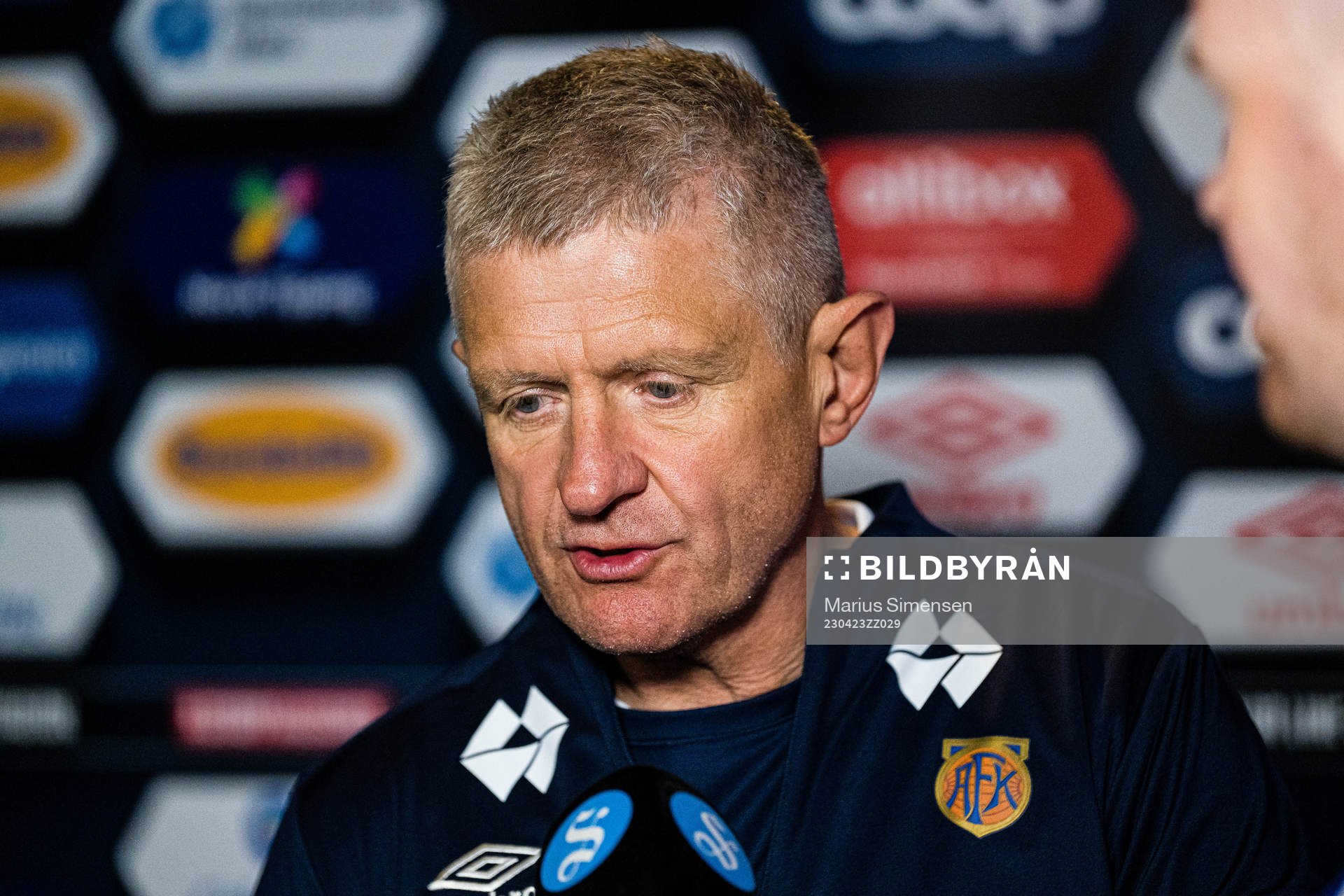 Lars Arne Nilsen, head coach of Aalesund, in the mixed zone after the Eliteserien match between Aalesund and Bodø/Glimt on April 23, 2023 in Ålesund.