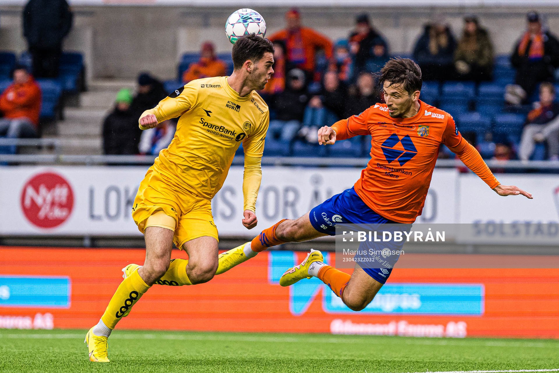 Lasse Nordås of Bodø/Glimt and Alexander Juel Andersen of Aalesund during the Eliteserien match between Aalesund and Bodø/Glimt on April 23, 2023 in Ålesund.