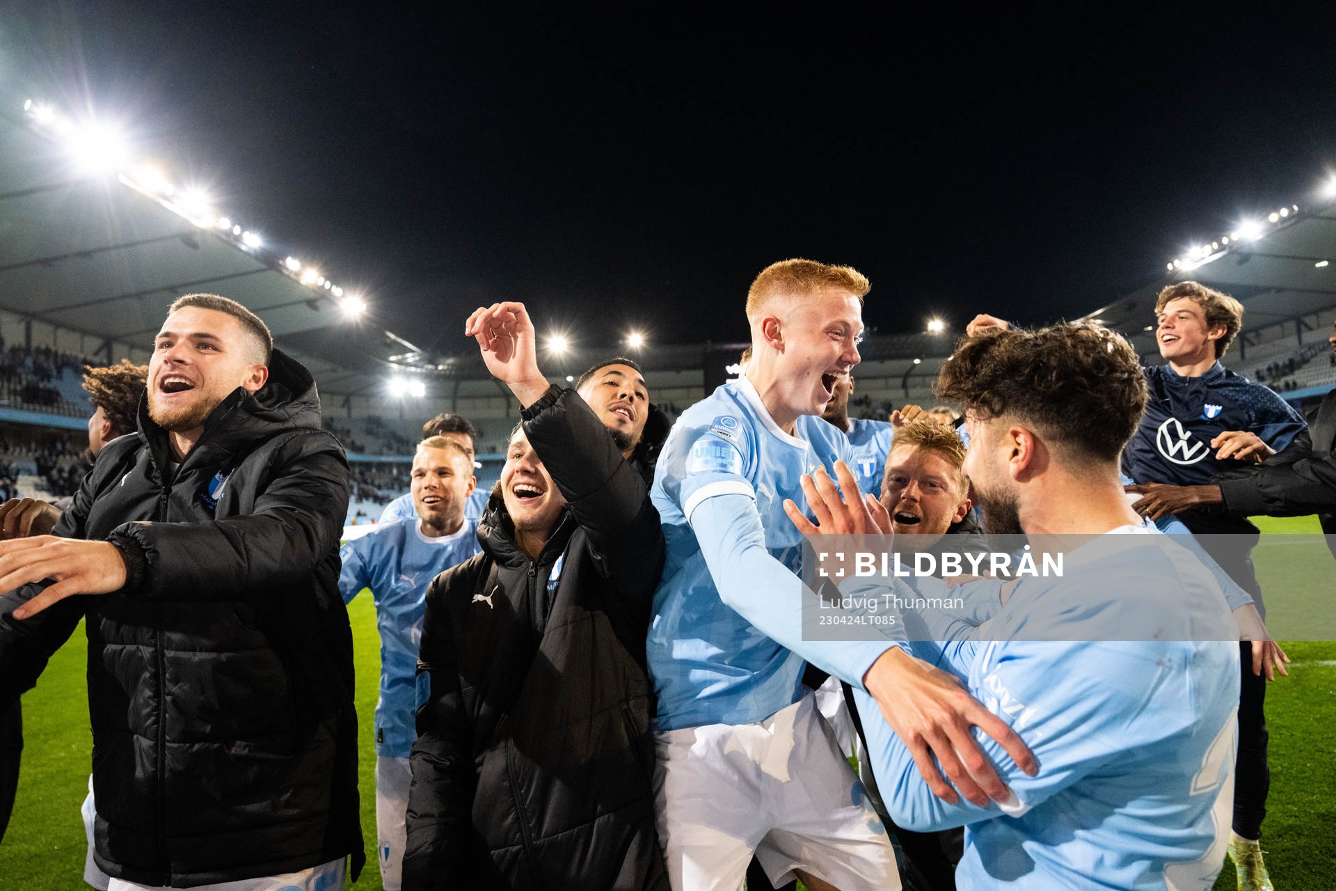 Malmö FFs Hugo Larsson, Moustafa Zeidan och Anders Christiansen jublar efter fotbollsmatchen i Allsvenskan mellan Malmö FF och IFK Norrköping den 24 april 2023 i Malmö.