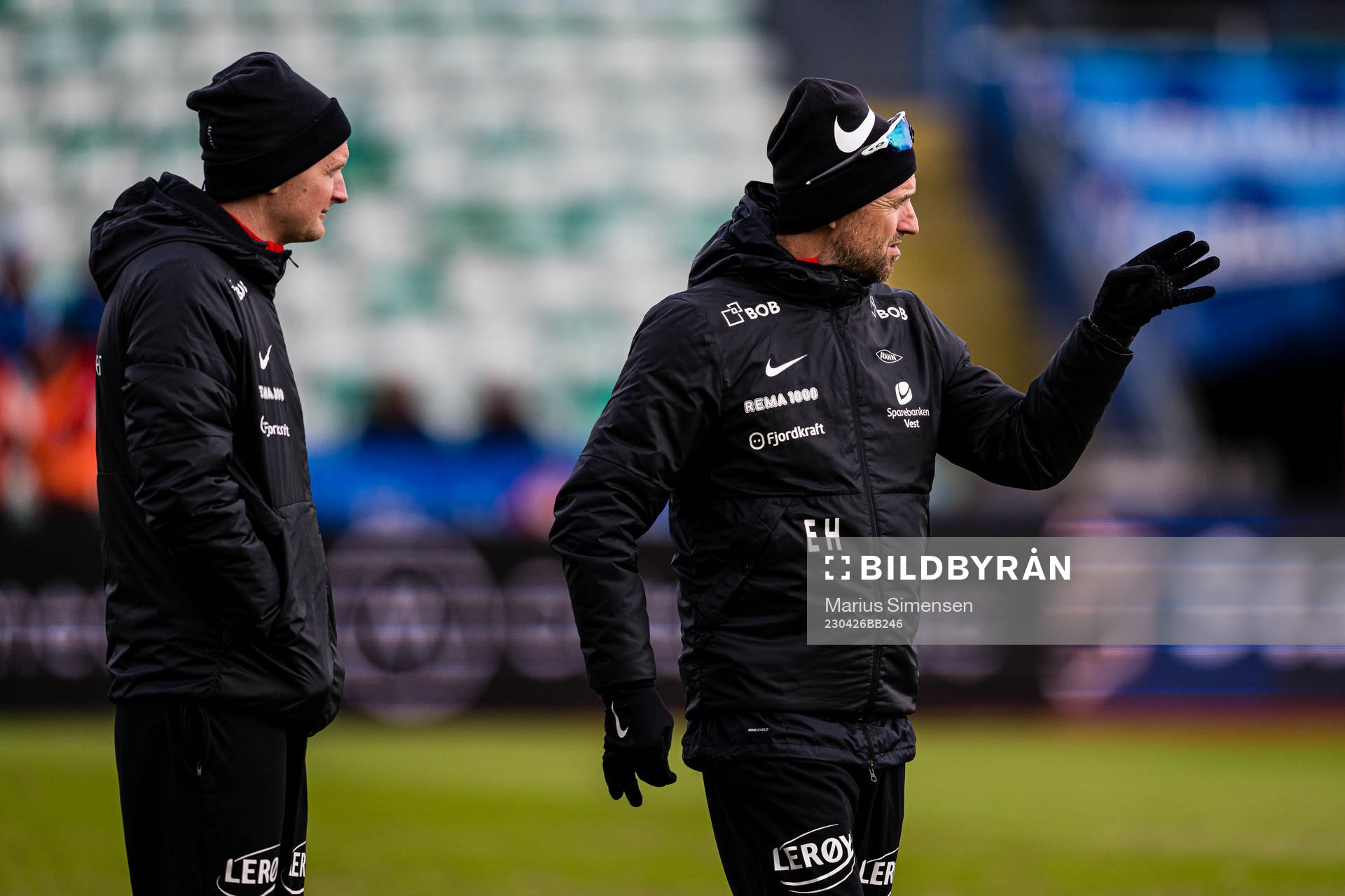 Erik Huseklepp, assistant coach of Brann, and Eirik Horneland, head coach of Brann, ahead of the cup match between Stabæk and Brann on April 26, 2023 in Bekkestua.