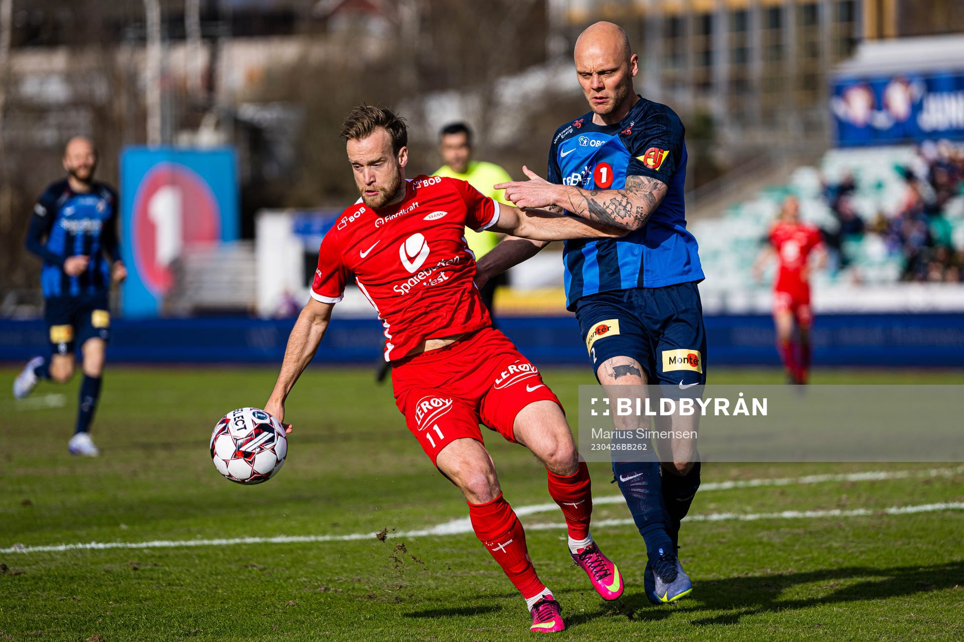 Bård Finne of Brann and Kasper Søndergaard Pedersen of Stabæk during the cup match between Stabæk and Brann on April 26, 2023 in Bekkestua.