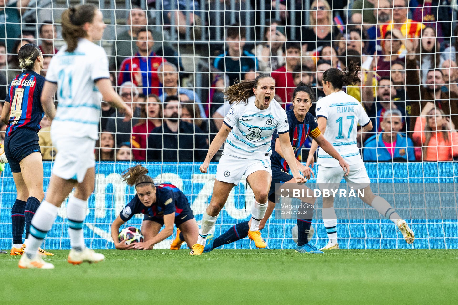 Guro Reiten of Chelsea celebrates after 1-1 during the UEFA Women's Champions League football match between Barcelona and Chelsea on April 27, 2023 in Barcelona. 