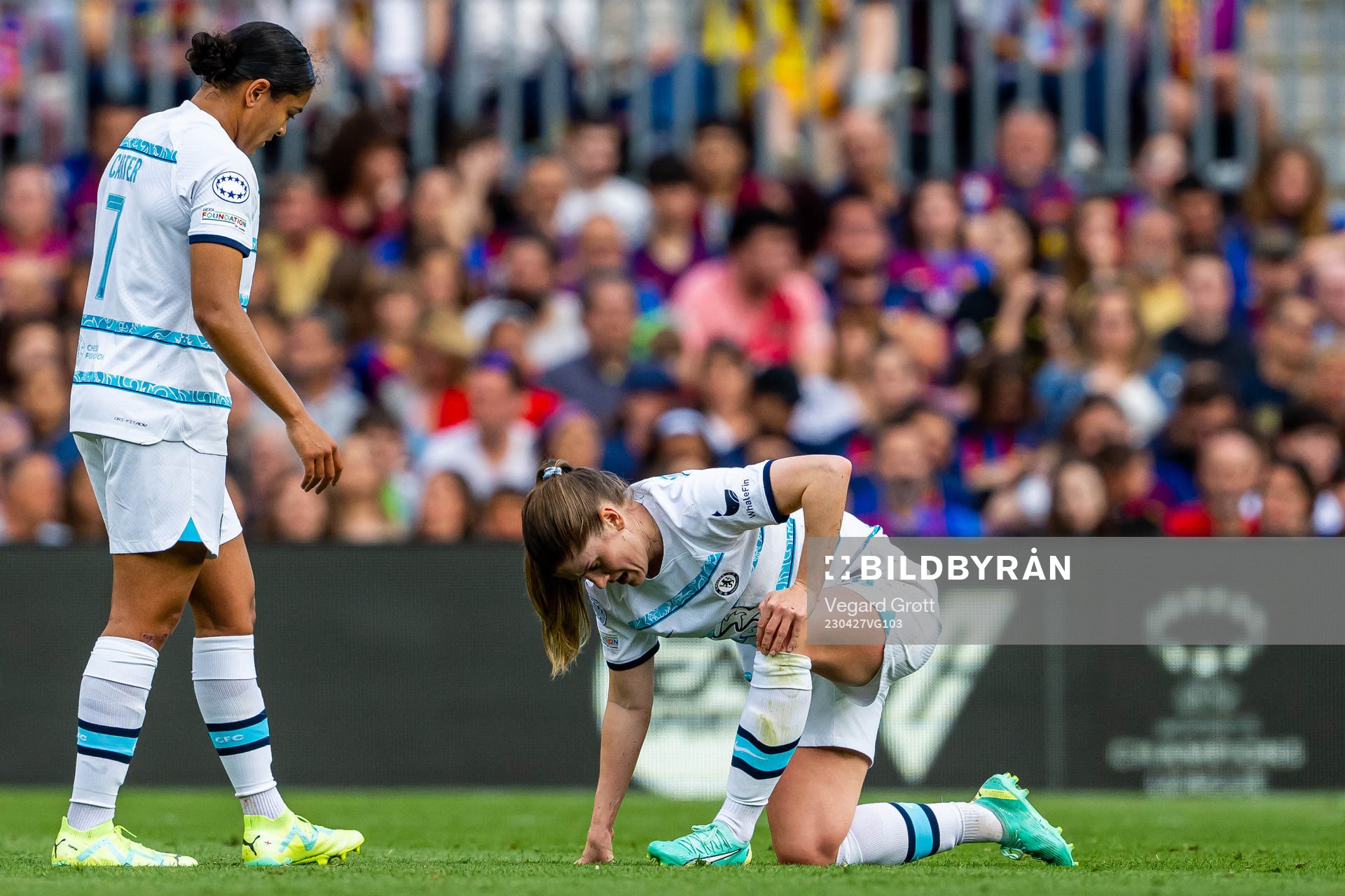 Maren Mjelde of Chelsea in pain