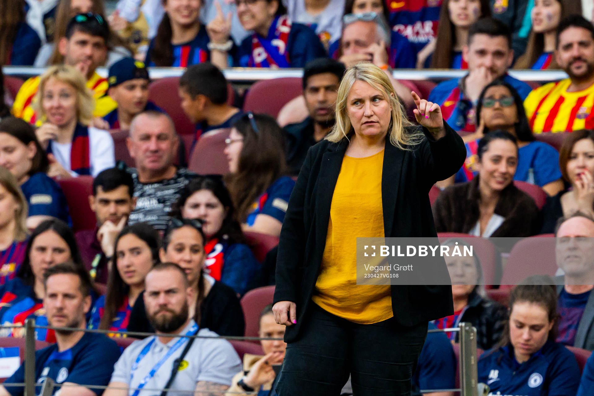Emma Hayes, head coach of Chelsea, during the UEFA Women's Champions League football match between Barcelona and Chelsea on April 27, 2023 in Barcelona.