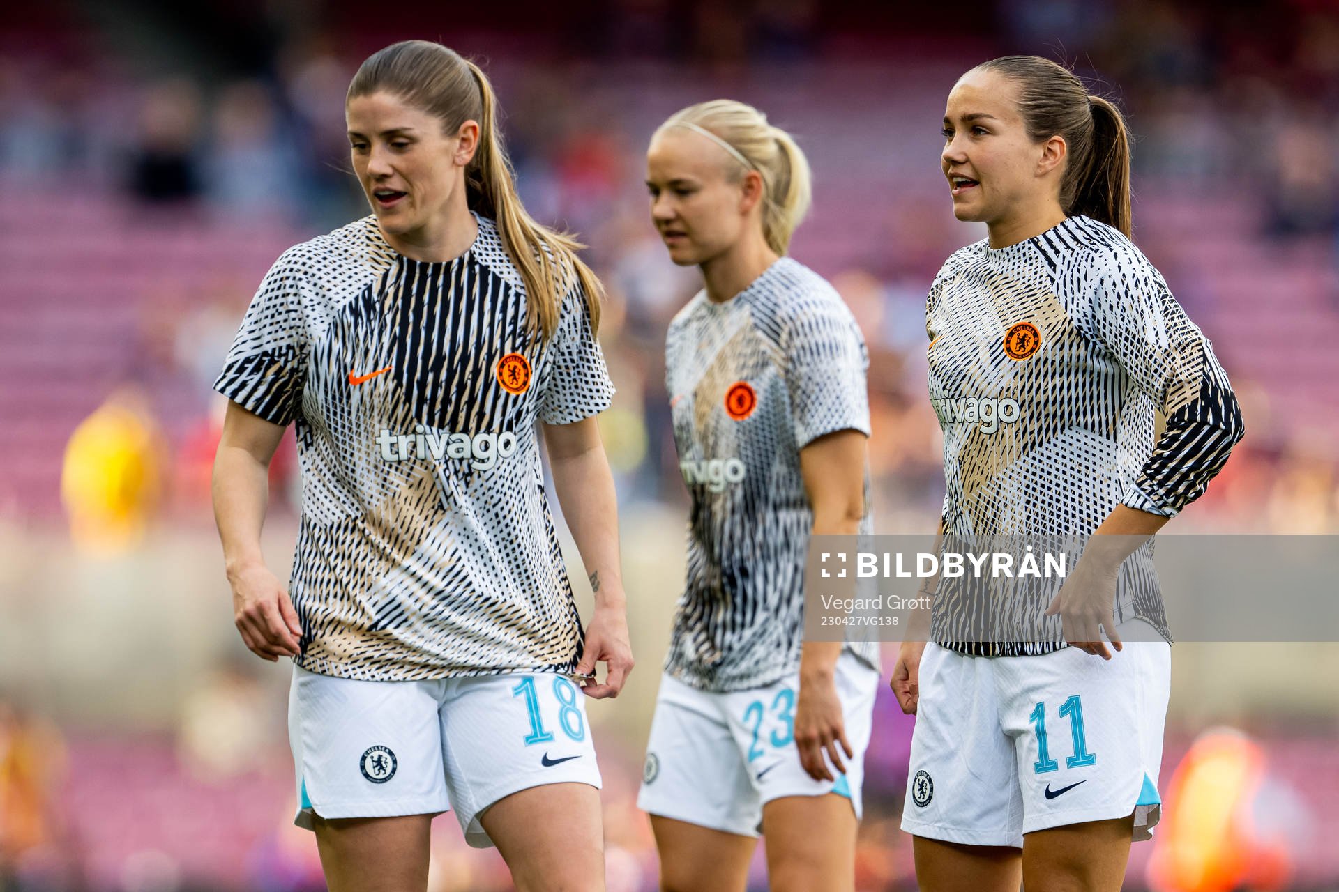 Maren Mjelde, Pernille Harder and Guro Reiten of Chelsea warms up ahead of the UEFA Women's Champions League football match between Barcelona and Chelsea on April 27, 2023 in Barcelona.