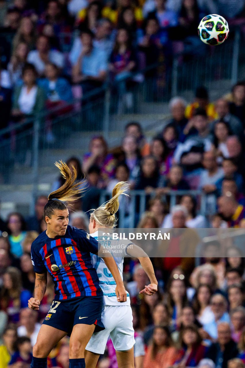 Patri Guijarro of Barcelona and Pernille Harder of Chelsea during the UEFA Women's Champions League football match between Barcelona and Chelsea on April 27, 2023 in Barcelona.