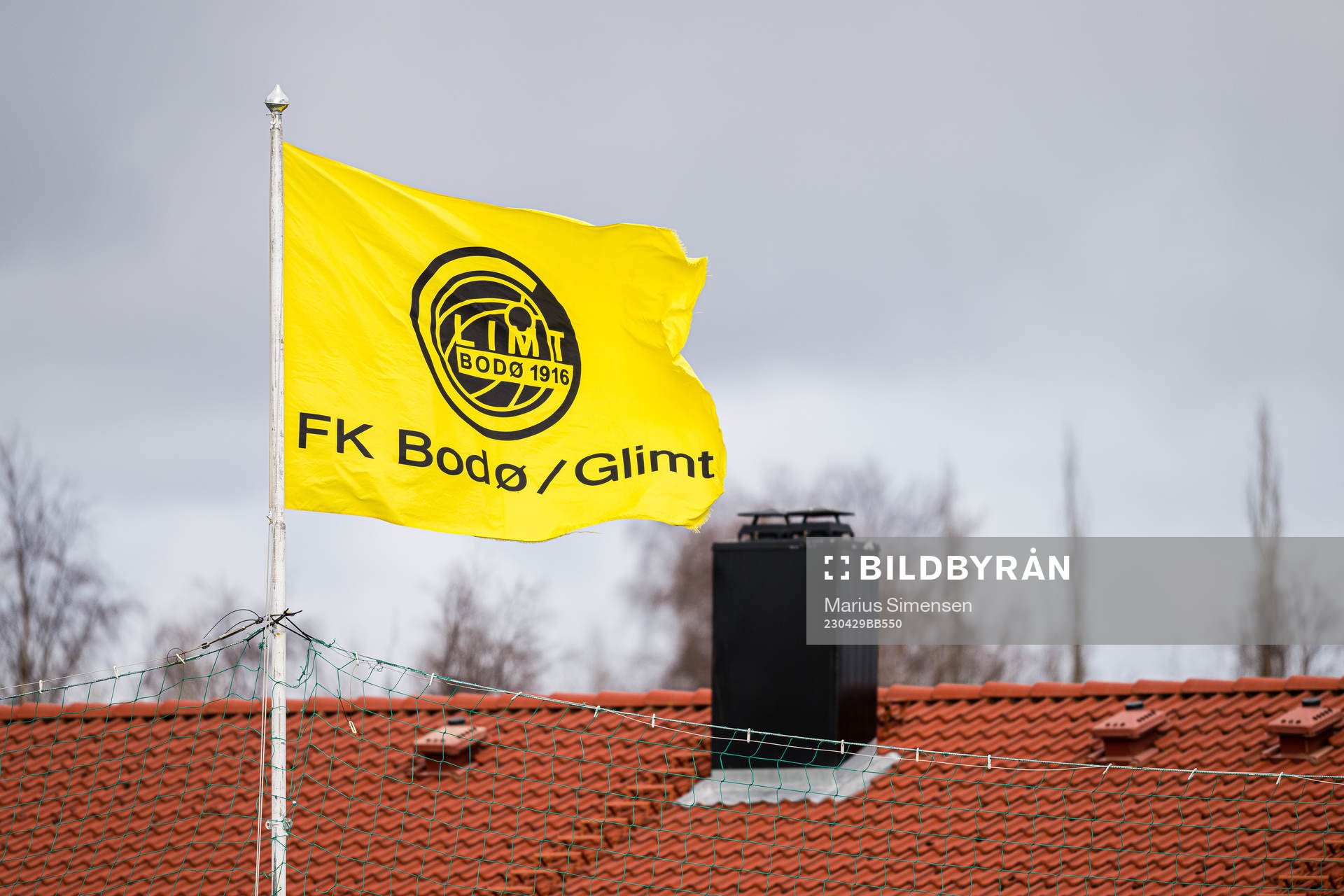 A Bodø/limt flag at Aspmyra Stadion ahead of the Eliteserien match between Bodø/Glimt and Brann on April 29, 2023 in Bodø.