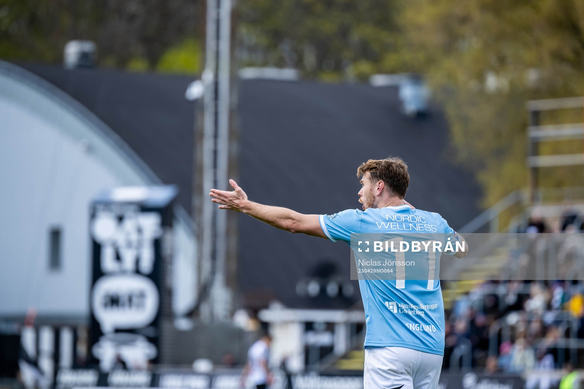 Gefles Leo Englund reagerar under fotbollsmatchen i Superettan mellan Landskrona och Gefle den 29 april 2023 i Landskrona. 