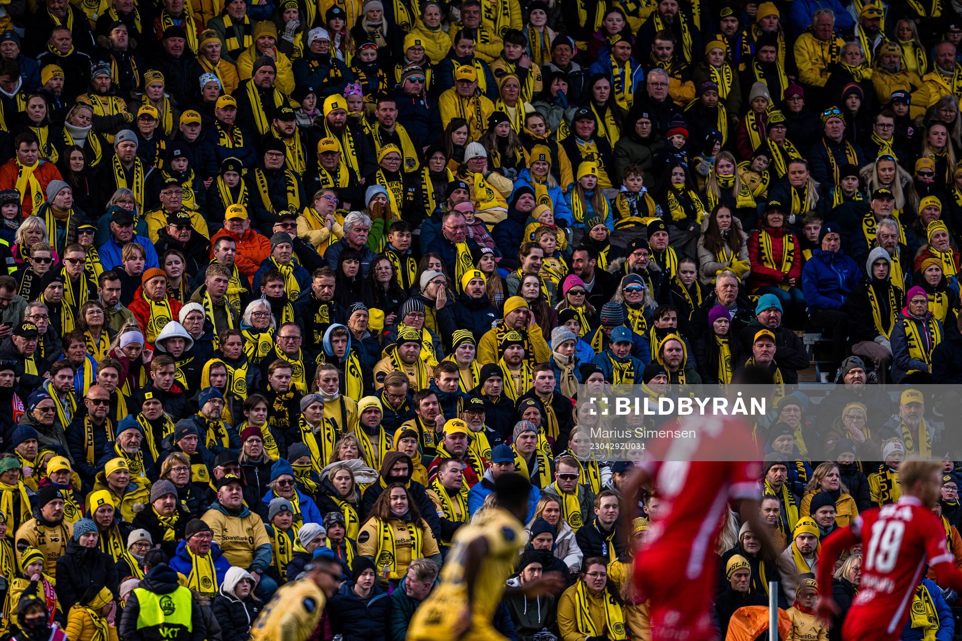Spectators in the stands during the Eliteserien match between Bodø/Glimt and Brann on April 29, 2023 in Bodø.