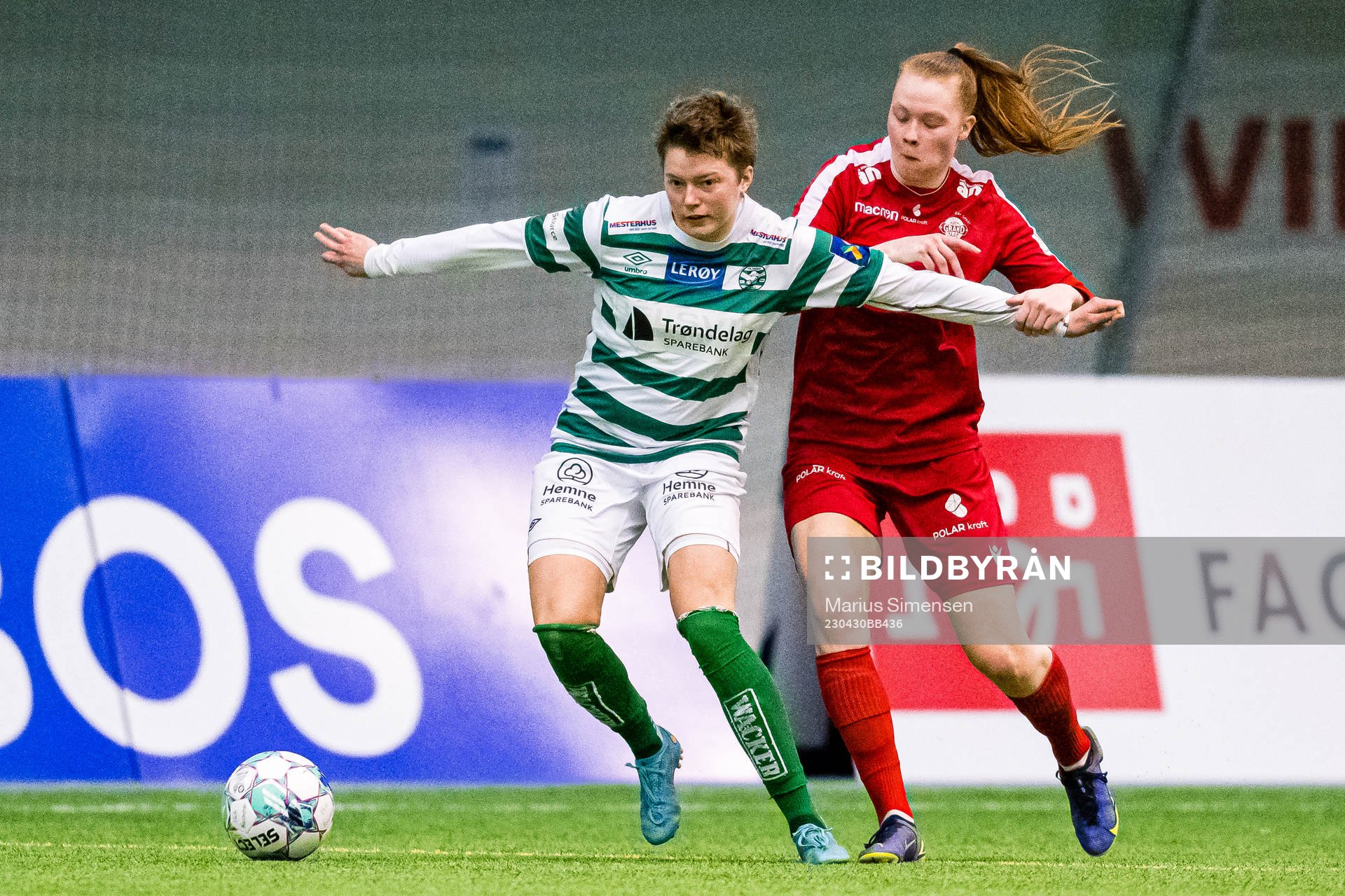 Eivor Grindeland of KIL/Hemne and Anna Isabella Johansen of Grand Bodø during the 1. division football match between Grand Bodø and KIL/Hemne on April 30, 2023 in Bodø.