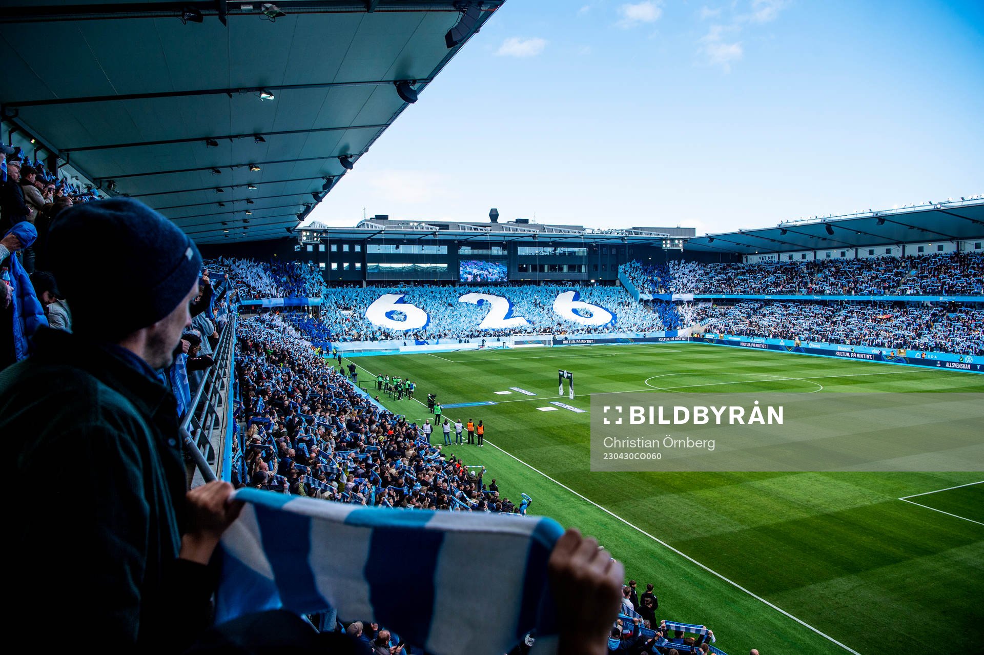 Malmö FFs tifo innan fotbollsmatchen i Allsvenskan mellan Malmö FF och Hammarby den 30 april 2023 i Malmö. 
