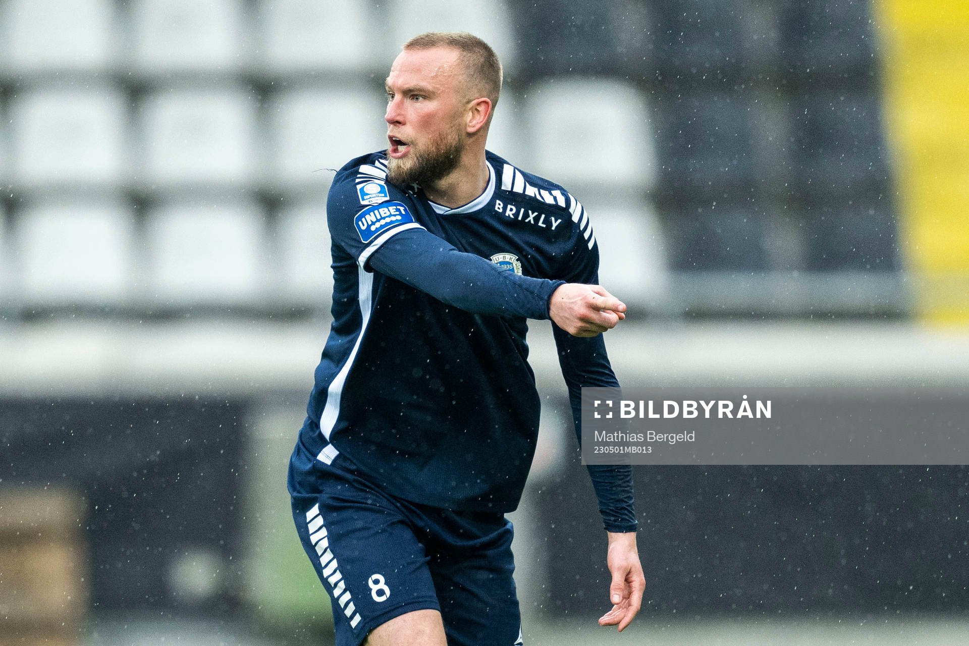 Utsiktens Alexander Faltsetas reagerar under fotbollsmatchen i Superettan mellan Utsikten och Örgryte den 1 maj 2023 i Göteborg. 