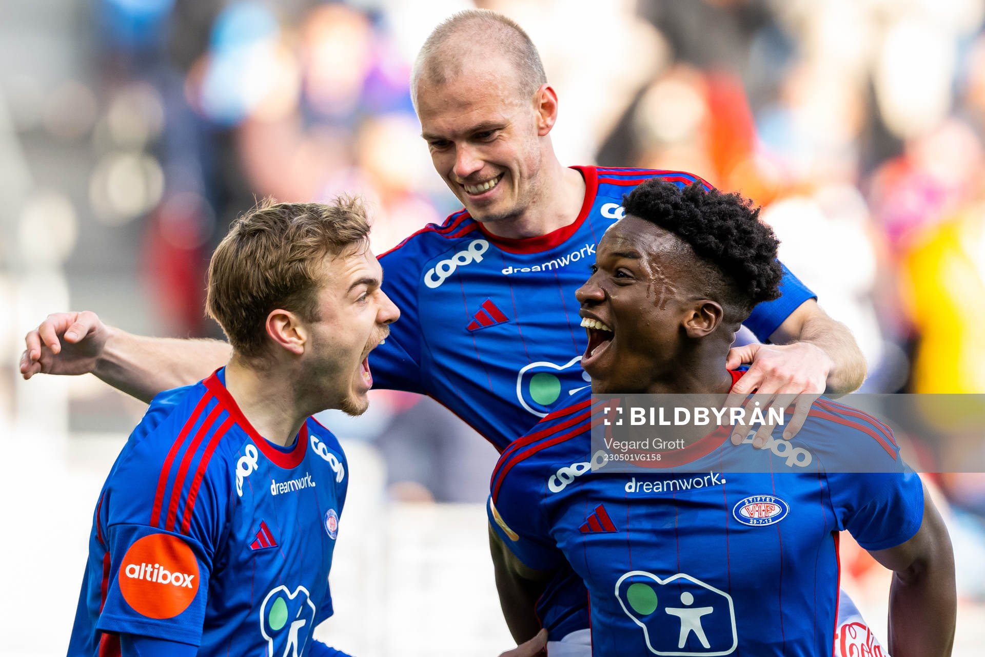 Seedy Jatta of Vålerenga celebrates with teammates Daniel Håkans and Petter Strand after scoring 3-1 during the Eliteserien football match between Vålerenga and Lillestrøm on May 1, 2023 in Oslo.