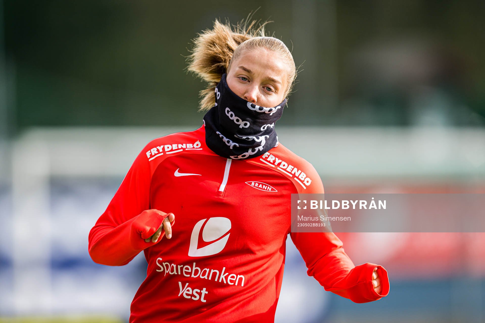 Rikke Bogetveit Nygard of Brann warms up ahead of the Toppserien football match between Brann and Arna-Bjørnar on May 2, 2023 in Bergen.