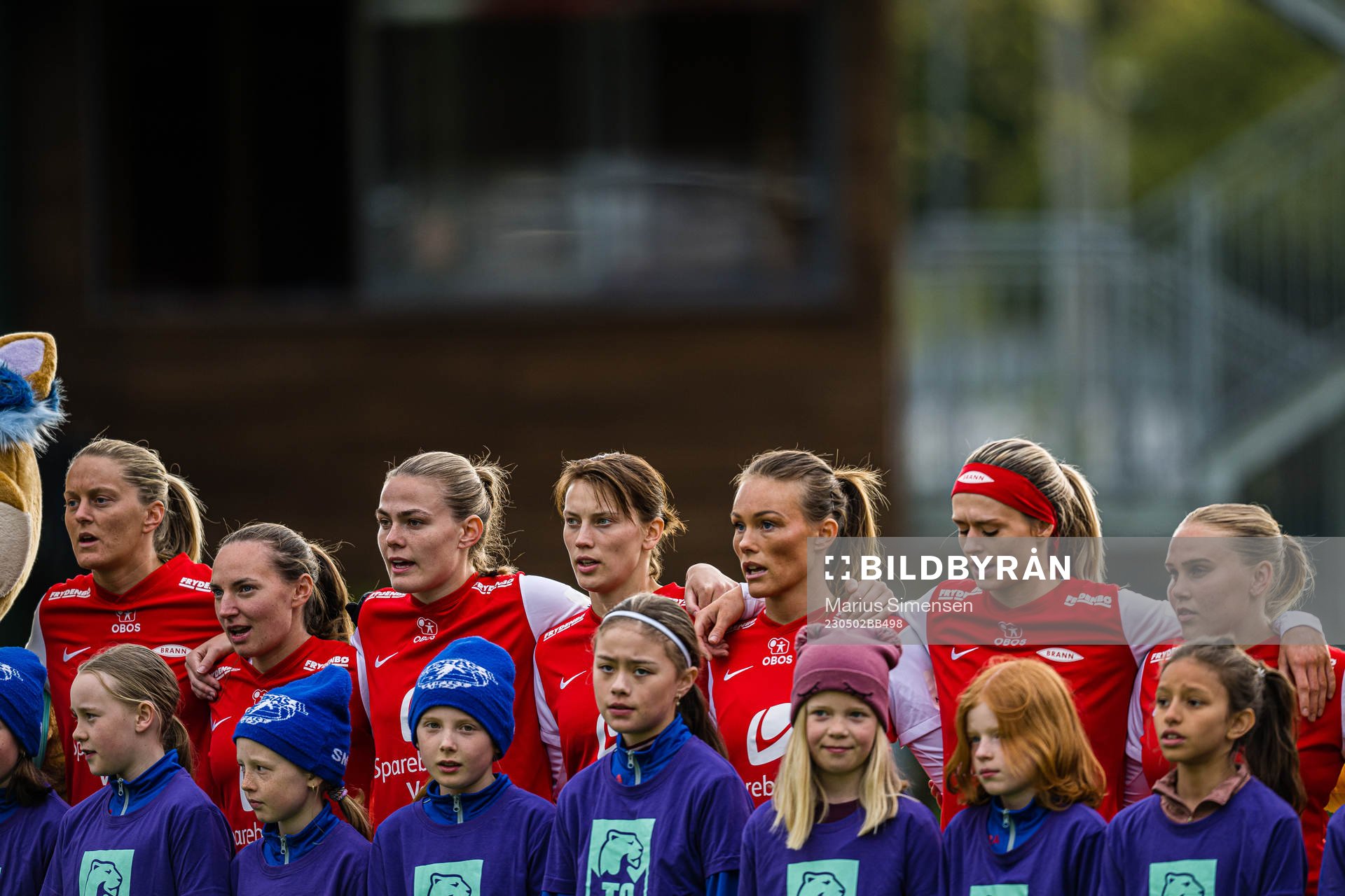 Maria Dybwad Brochmann, Marit Bratberg Lund, Marthine Østenstad, Rakel Engesvik, Ingrid Østervold Stenevik, Alyssa Mae Walker and Nanne Ruuskanen of Brann ahead of the Toppserien football match between Brann and Arna-Bjørnar on May 2, 2023 in Bergen.