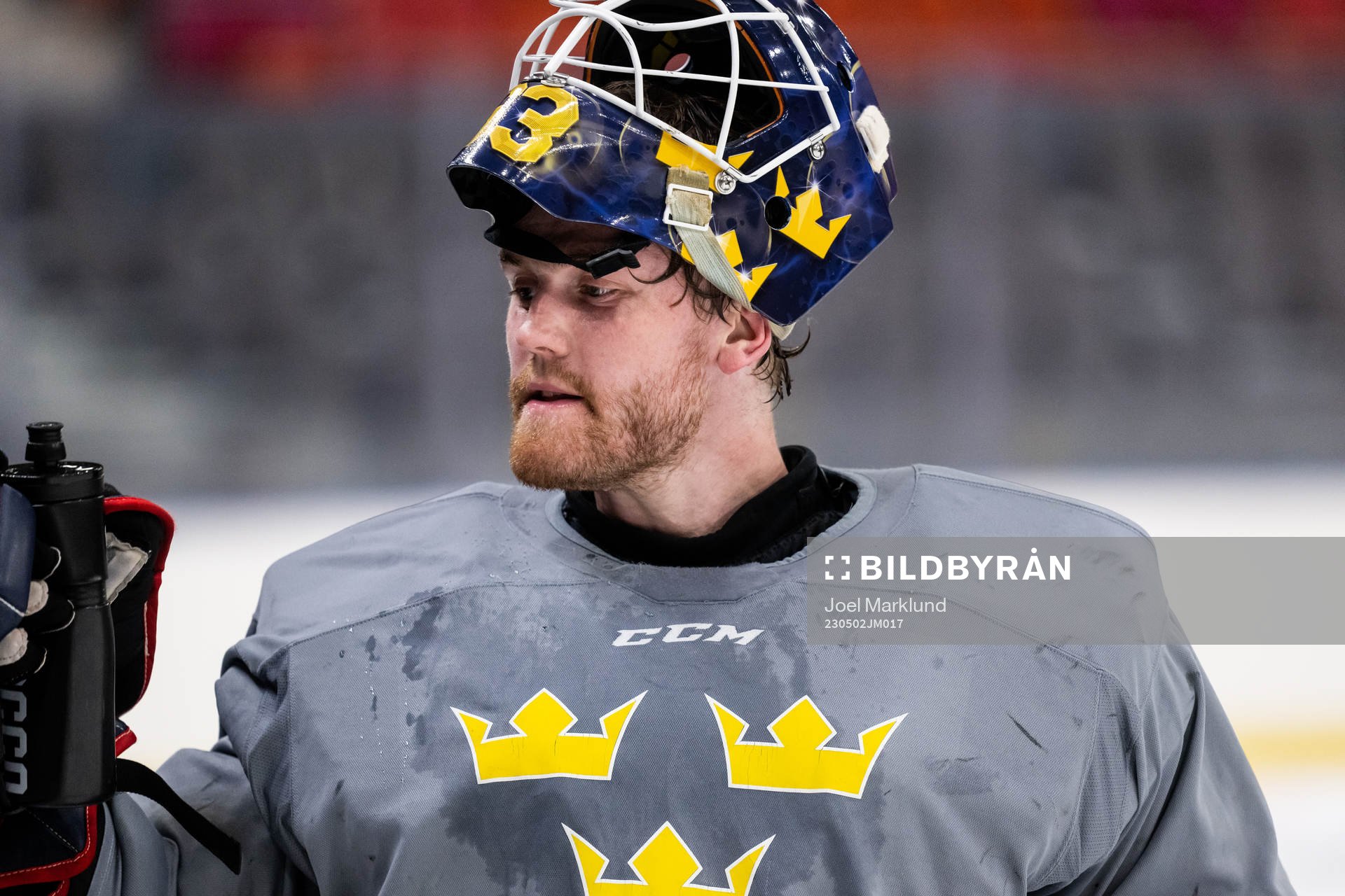 Goaltender Marcus Högberg of Sweden at a practice session