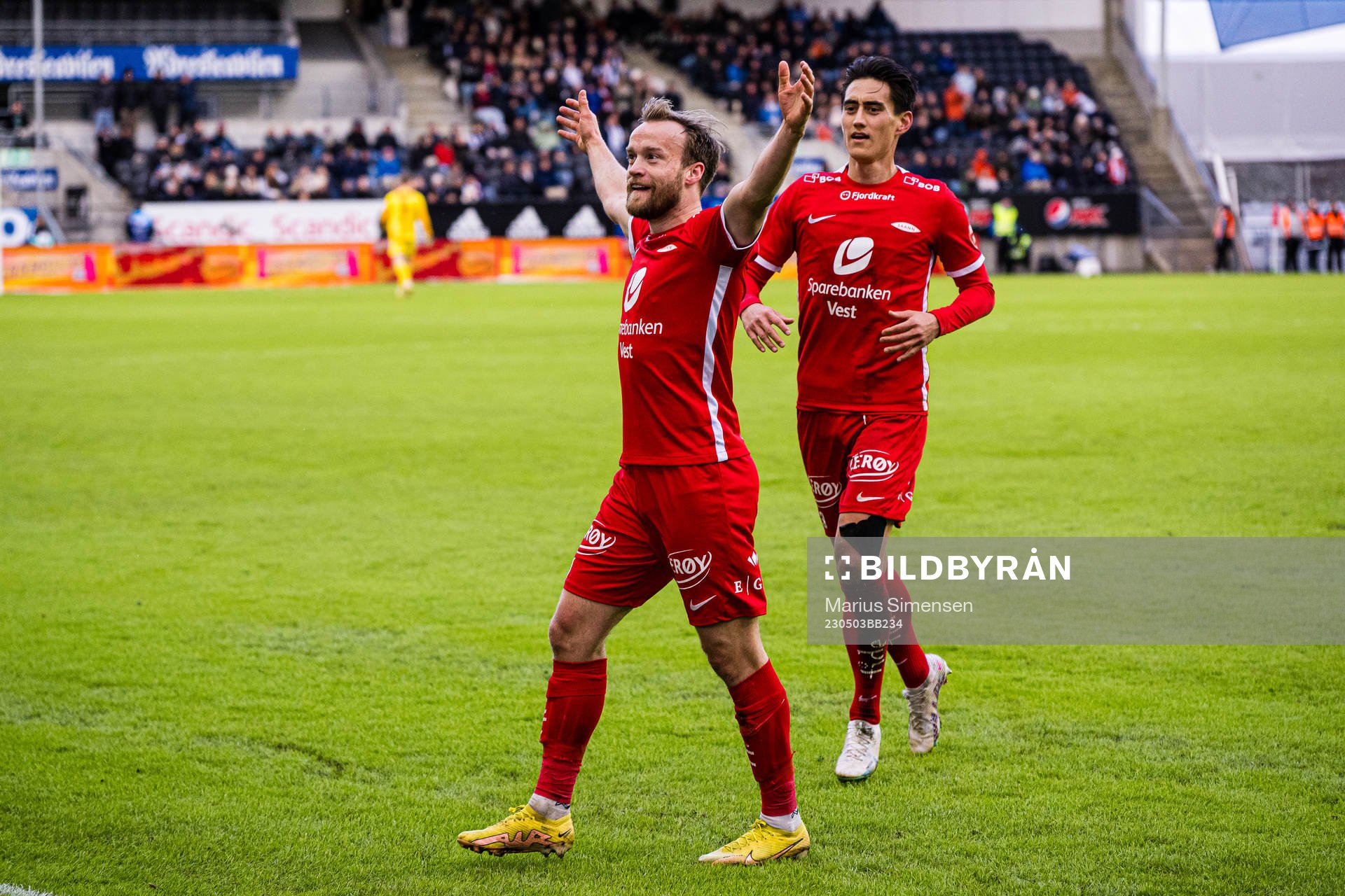 Bård Finne of Brann celebrates after scoring the 0-2 goal during the Eliteserien match between Rosenborg and Brann on May 3, 2023 in Trondheim.