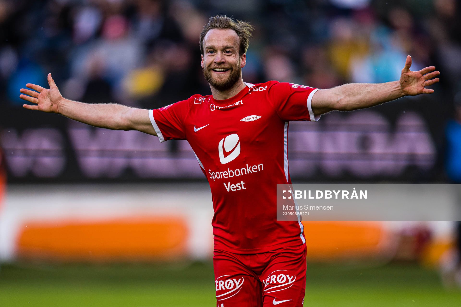 Bård Finne of Brann celebrates after scoring the 0-2 goal during the Eliteserien match between Rosenborg and Brann on May 3, 2023 in Trondheim.