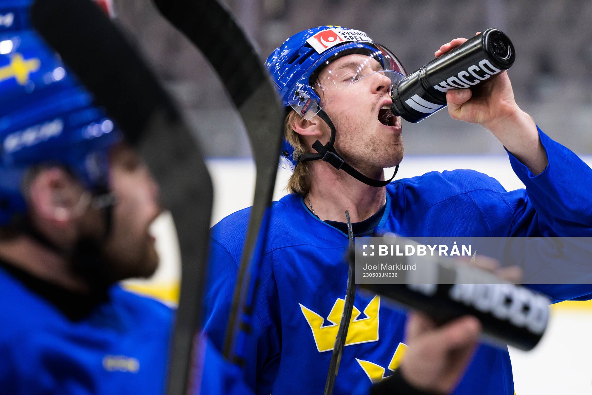 Rasmus Sandin of Sweden drinks water at a practice session