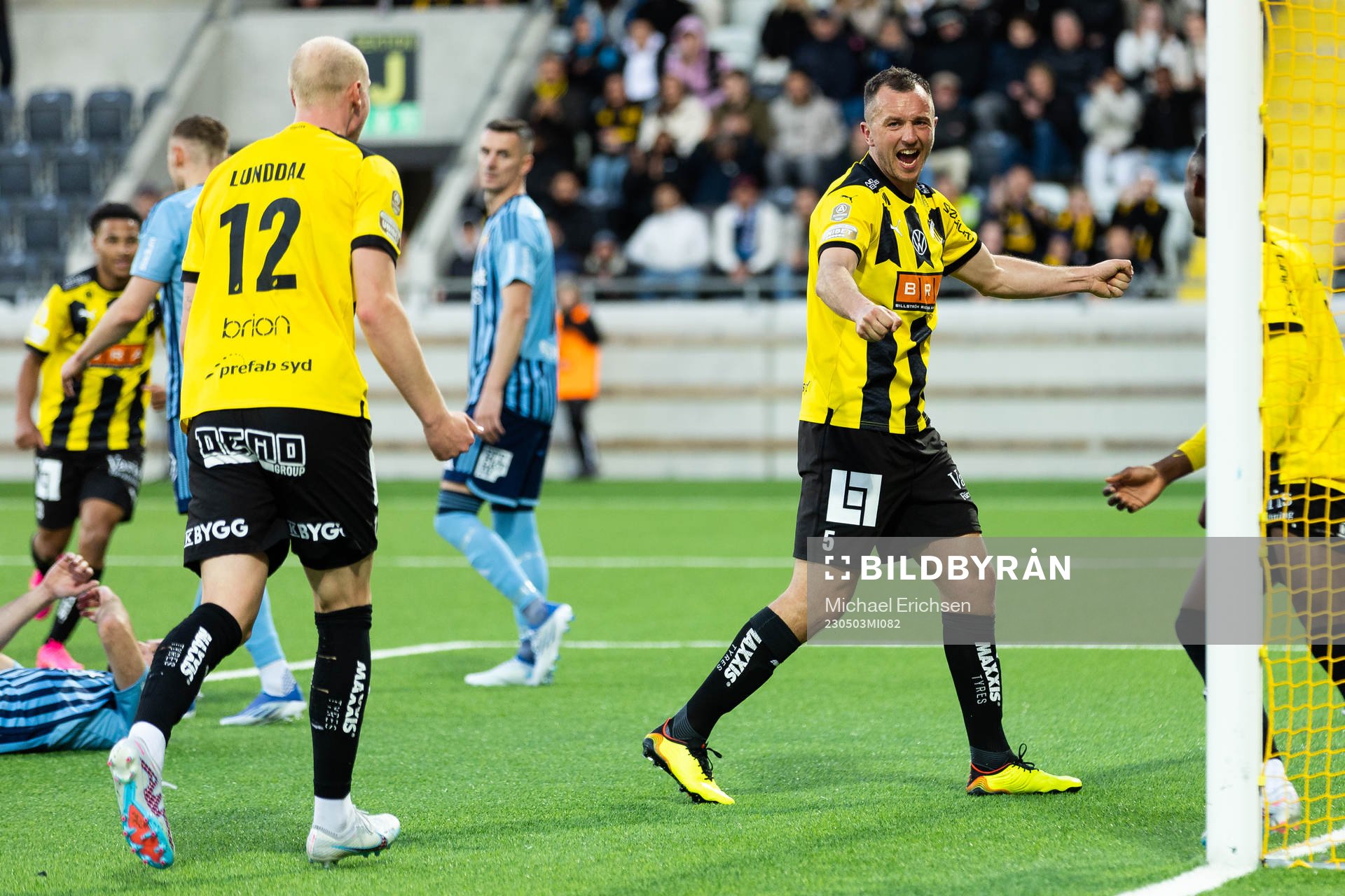 Häckens Even Hovland jublar efter 3-1 under fotbollsmatchen i Allsvenskan mellan Häcken och Djurgården den 3 maj 2023 i Göteborg. 